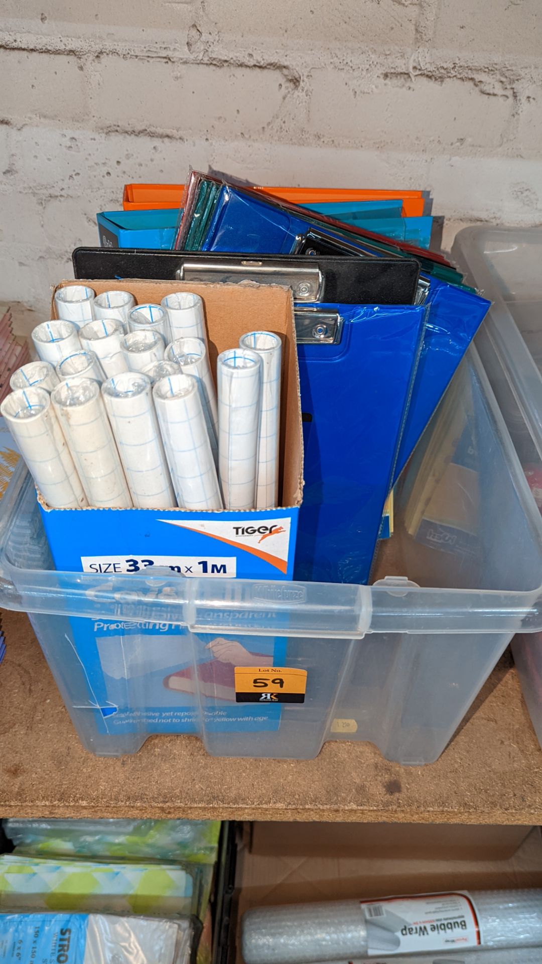 Quantity of clipboards, lever arch files, file inserts & self-adhesive cover film - crate excluded