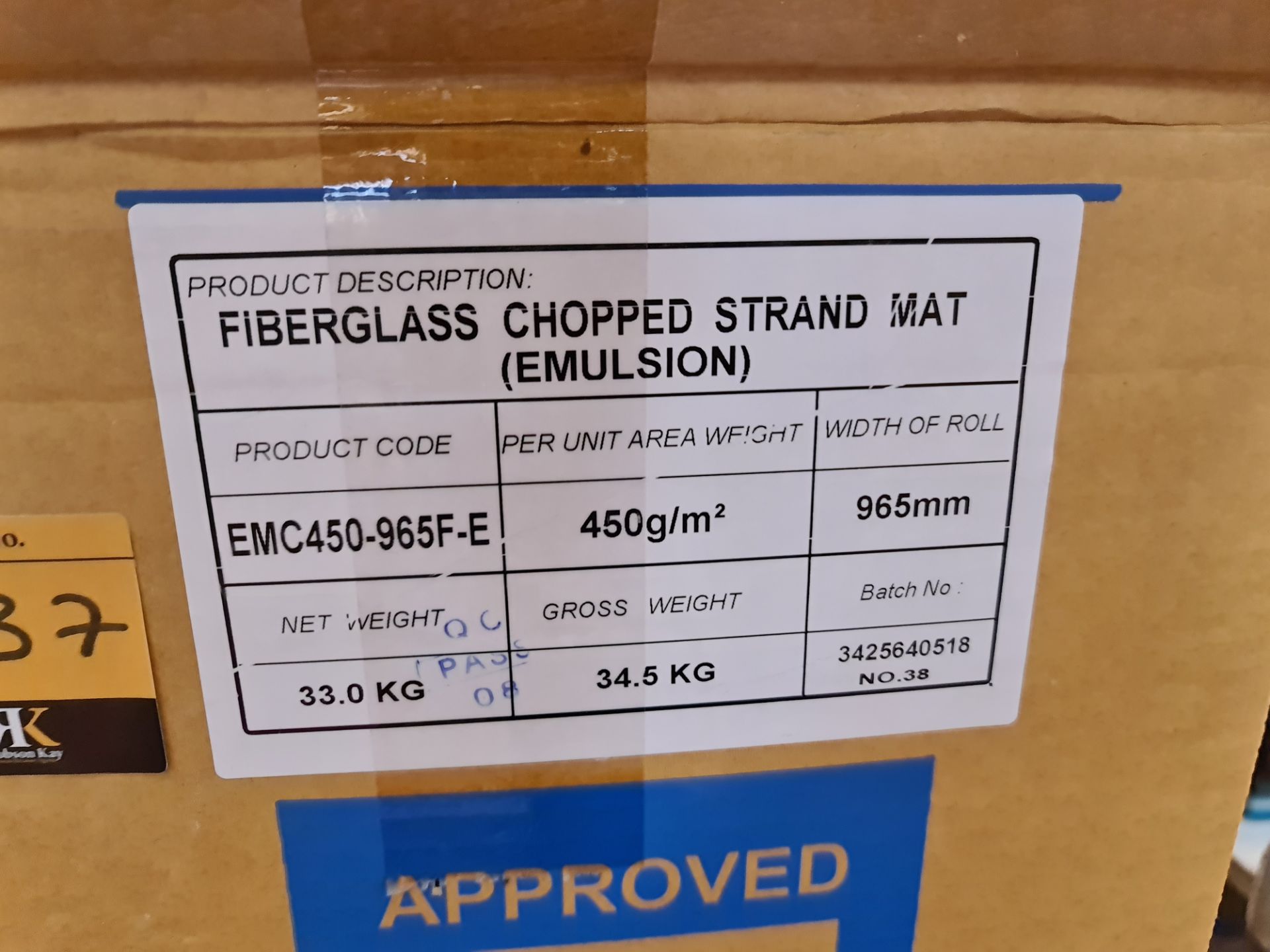 3 rolls of EC fibreglass chopped strand mat, each roll being 965mm wide, 450 g/m­­­2 net weight 33kg