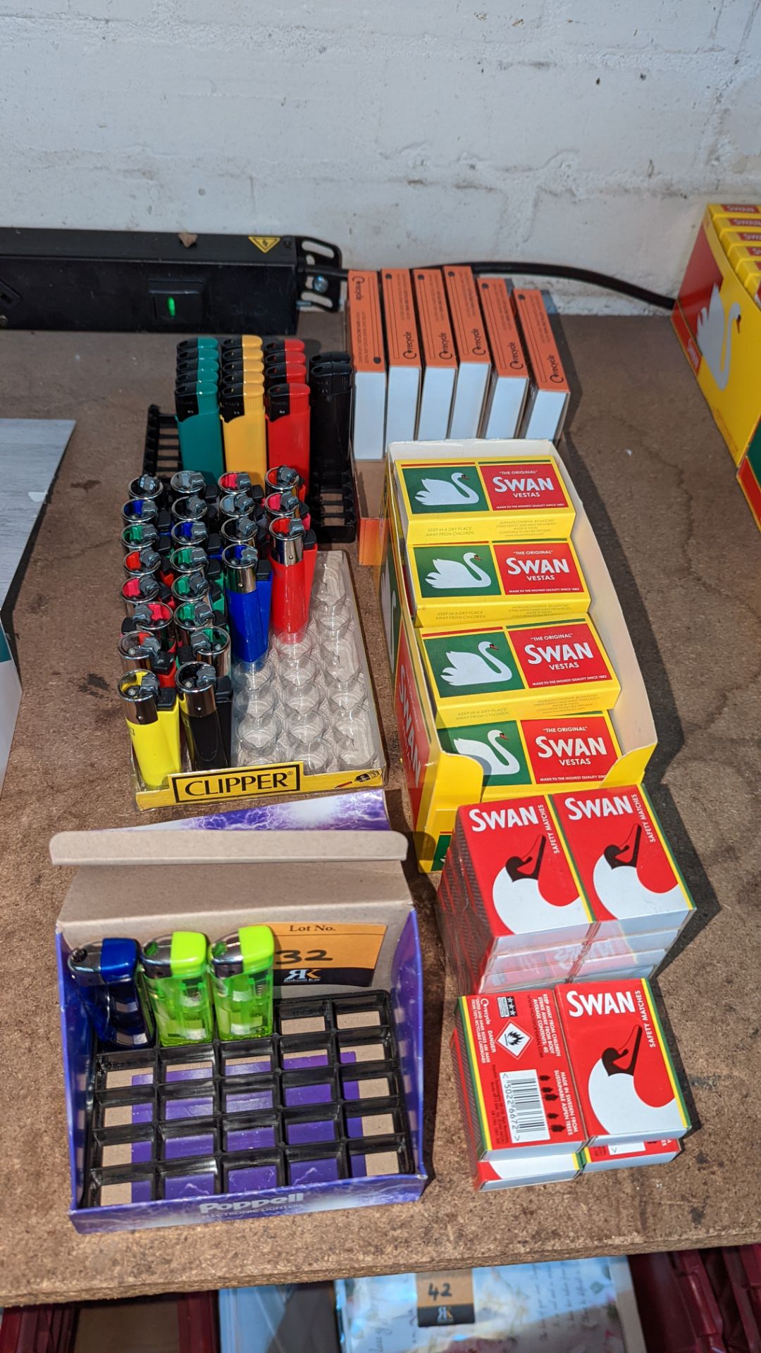 Mixed lighter & matches lot comprising 3 part-full boxes of disposable lighters (one of which contai