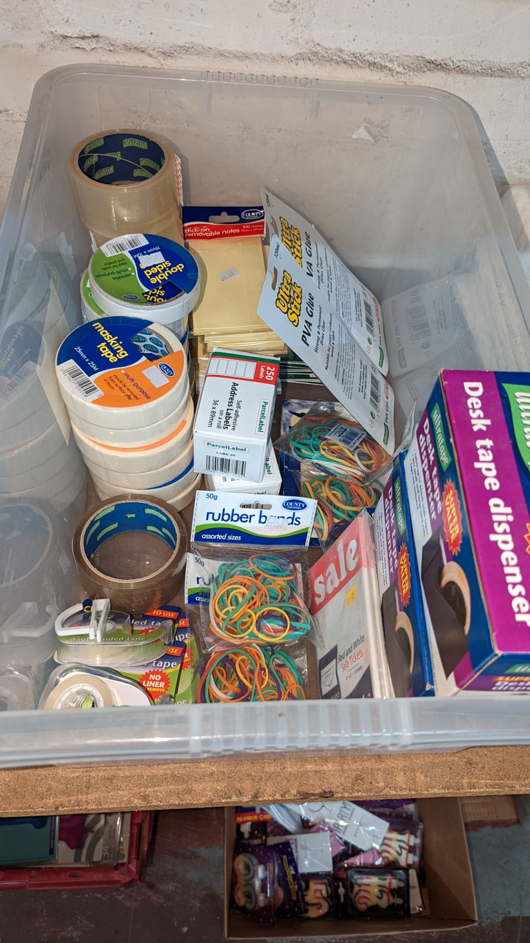 Contents of a crate of tape, tape dispensers, Post It Notes, labels & more - crate excluded - Image 2 of 11