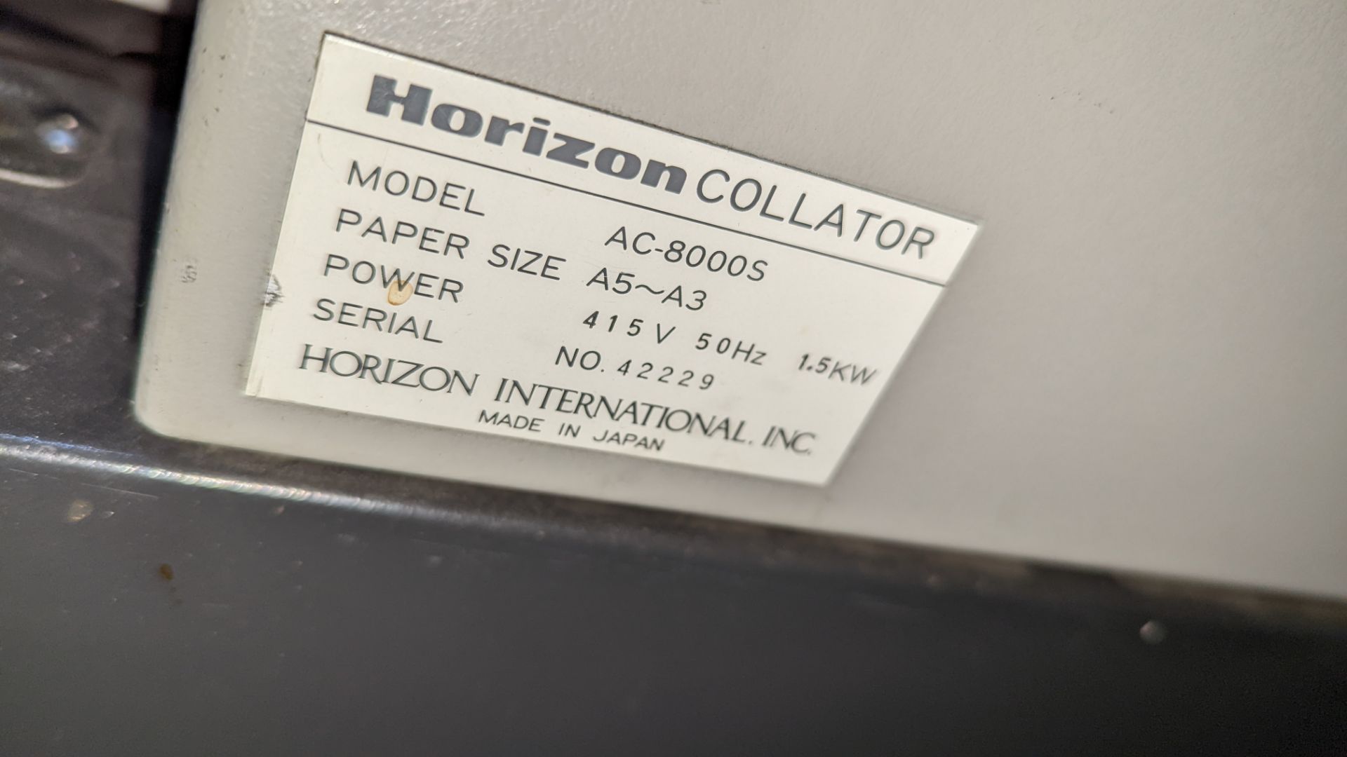 Horizon AC-8000S collator including motor & tray on separate pallet as pictured - Image 16 of 17