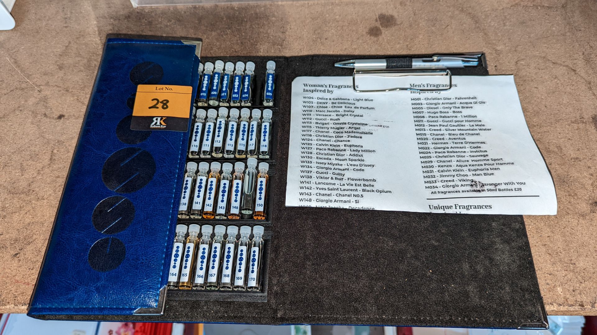 Essens samples case. This lot comprises 59 sample bottles plus index card, in presentation wallet