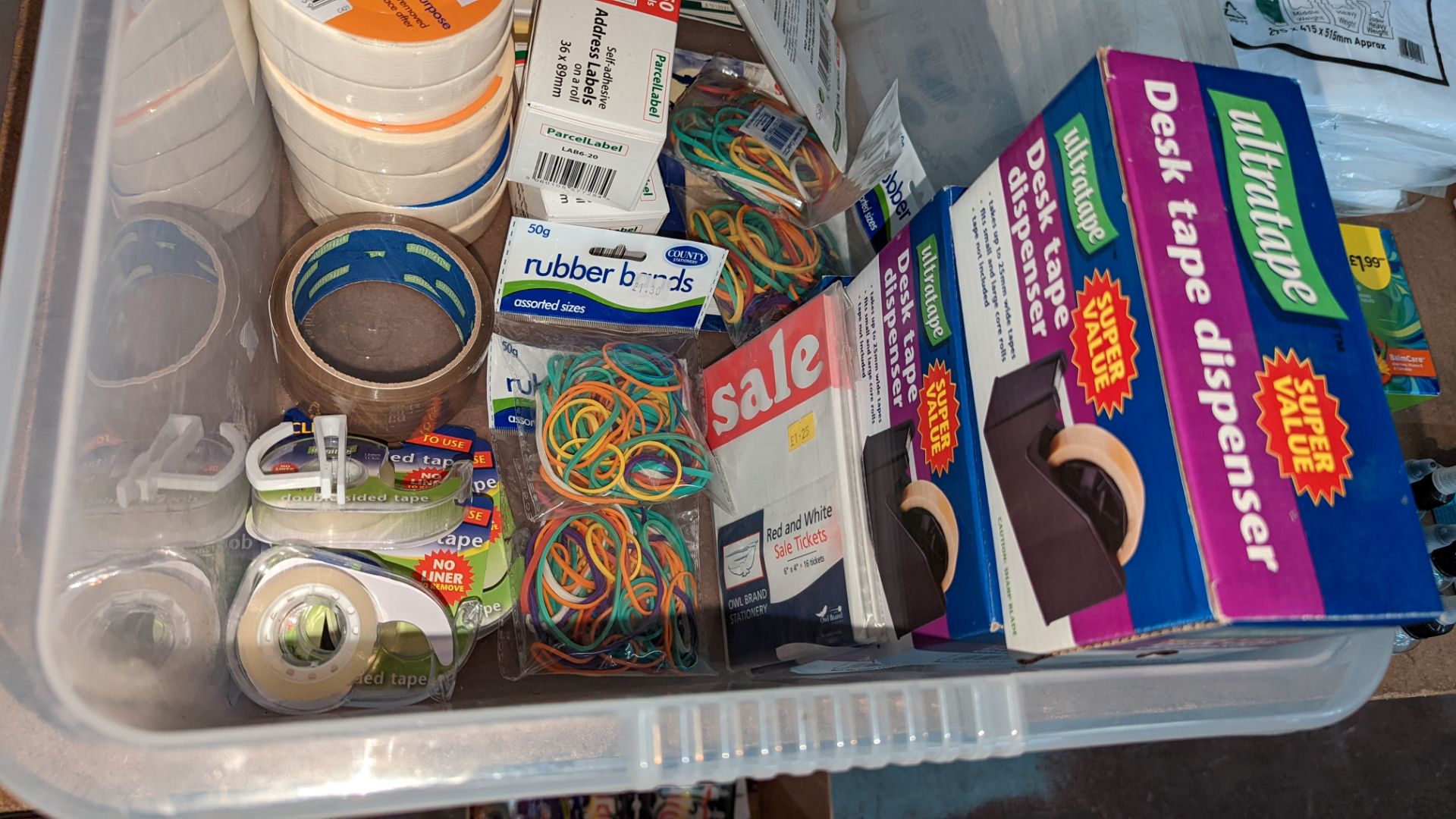 Contents of a crate of tape, tape dispensers, Post It Notes, labels & more - crate excluded - Image 3 of 11