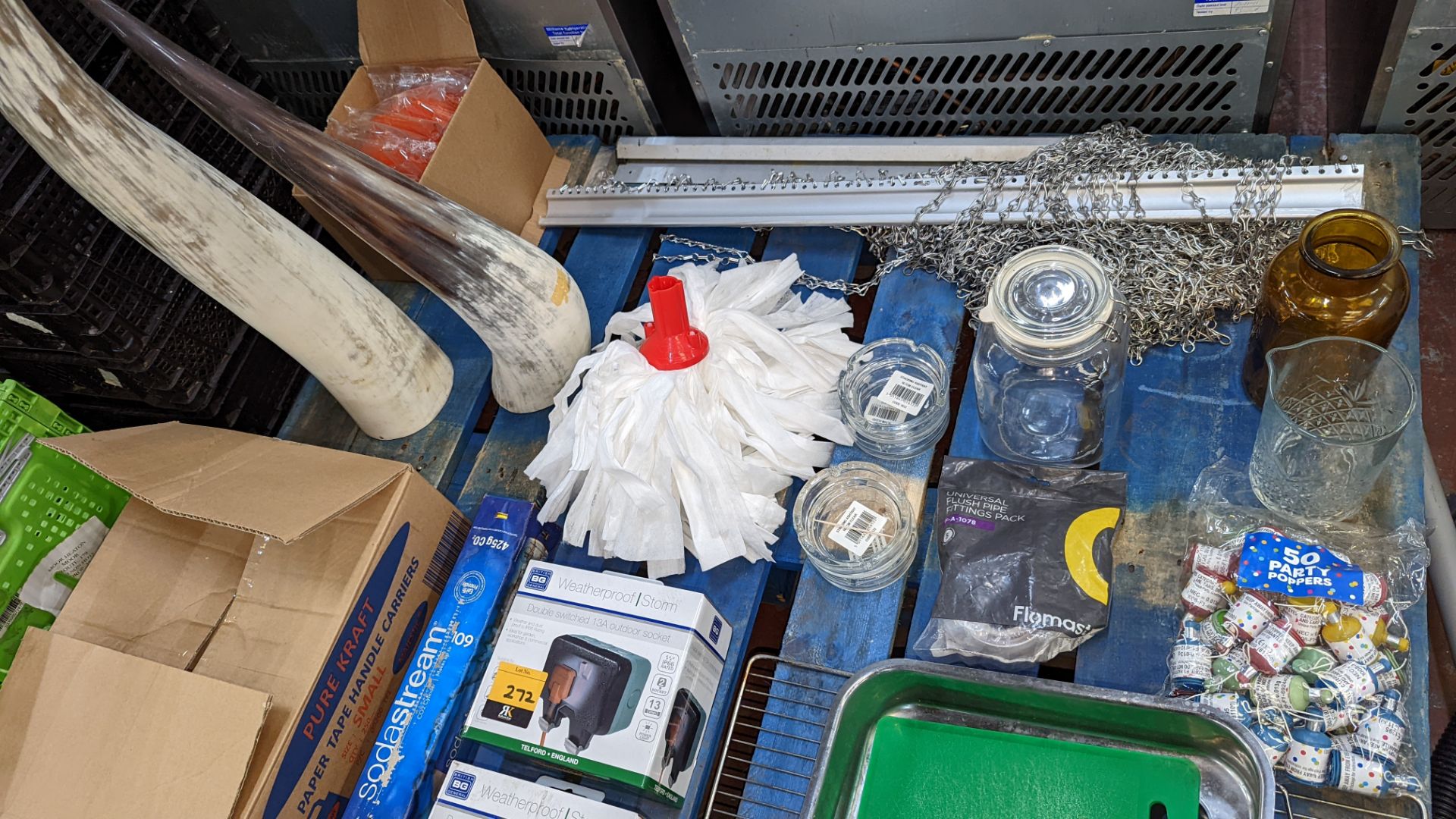 The contents of a pallet of assorted items including paper bags, weatherproof sockets, ornamental it - Image 5 of 8