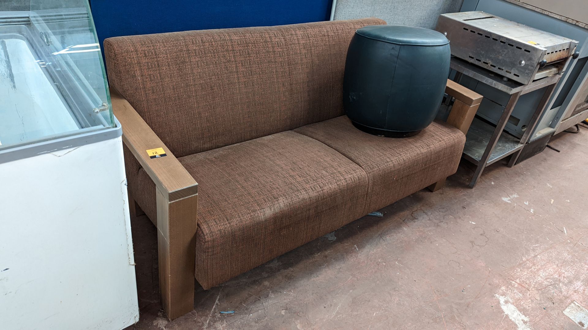 Upholstered sofa on wooden frame plus black pouffe/footstool - Image 2 of 5