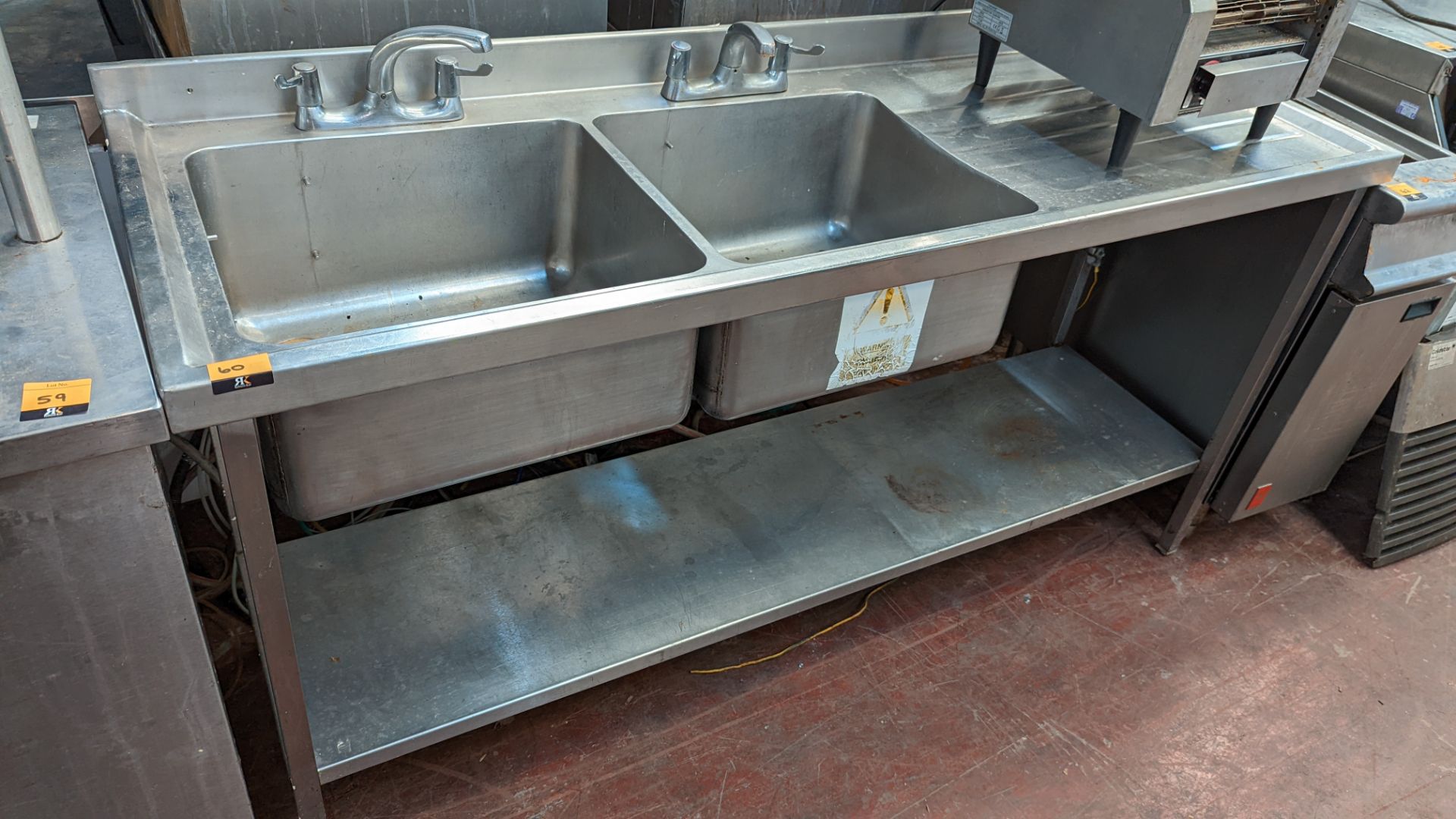 Stainless steel twin bowl sink arrangement incorporating mixer taps, drainer & shelf below - Image 3 of 4