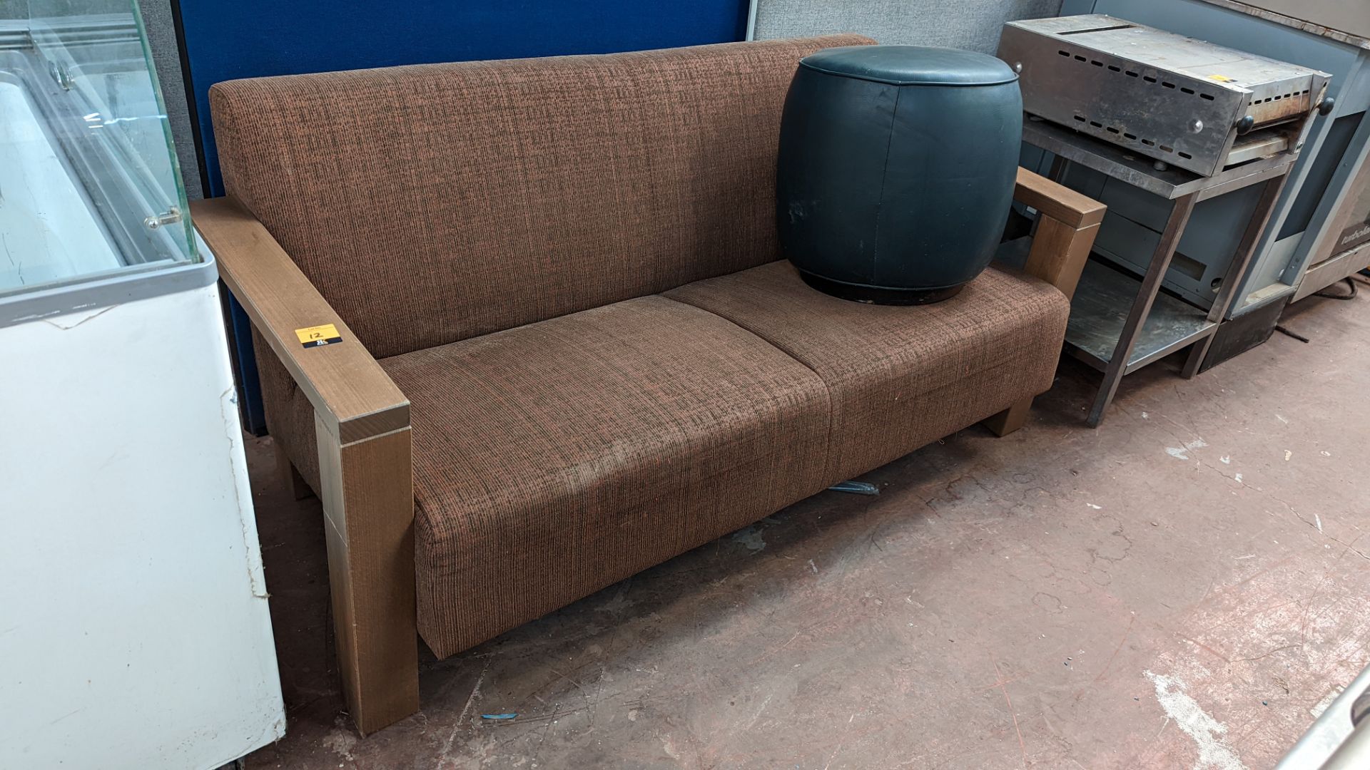 Upholstered sofa on wooden frame plus black pouffe/footstool - Image 3 of 5