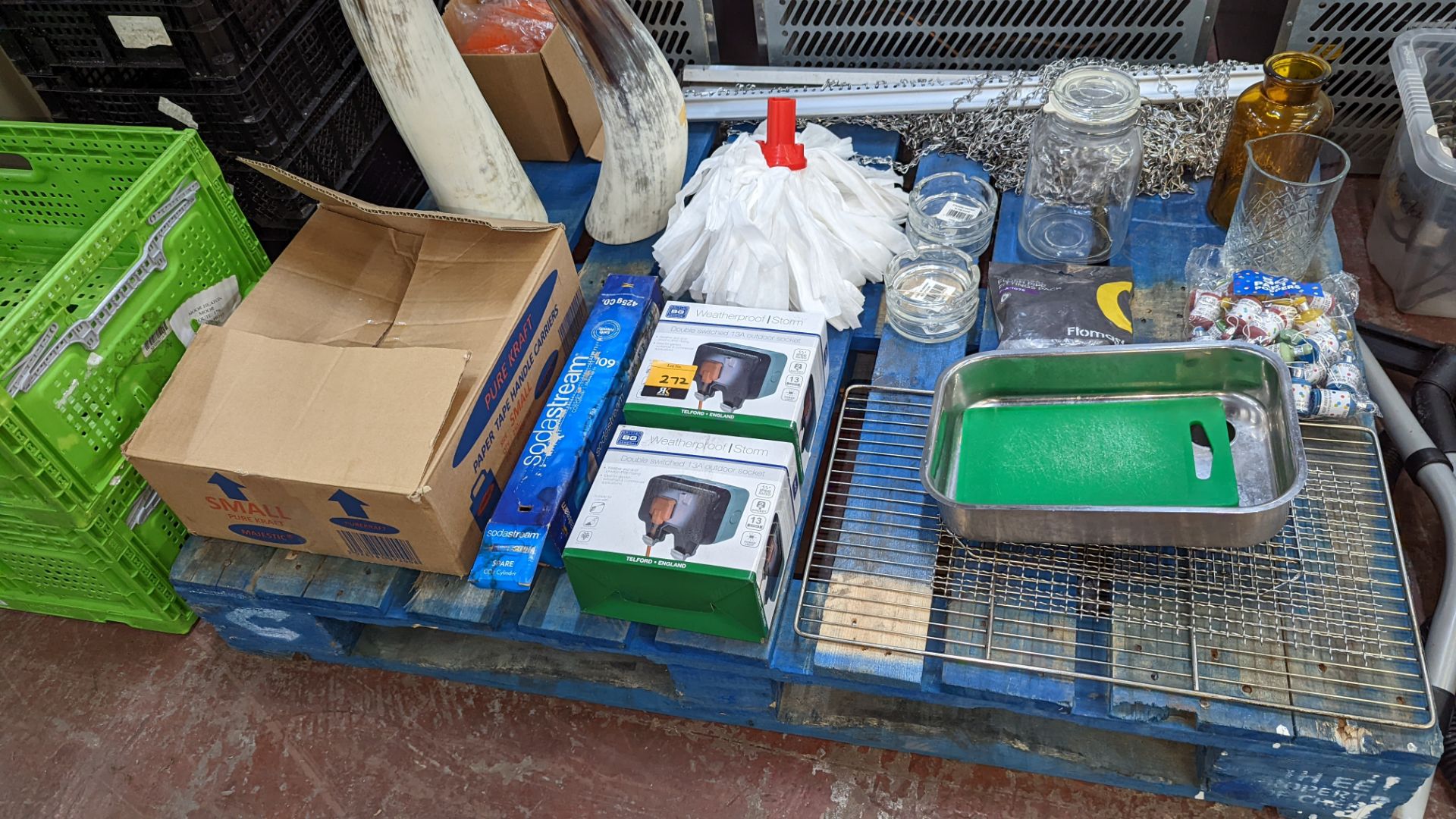 The contents of a pallet of assorted items including paper bags, weatherproof sockets, ornamental it - Image 3 of 8