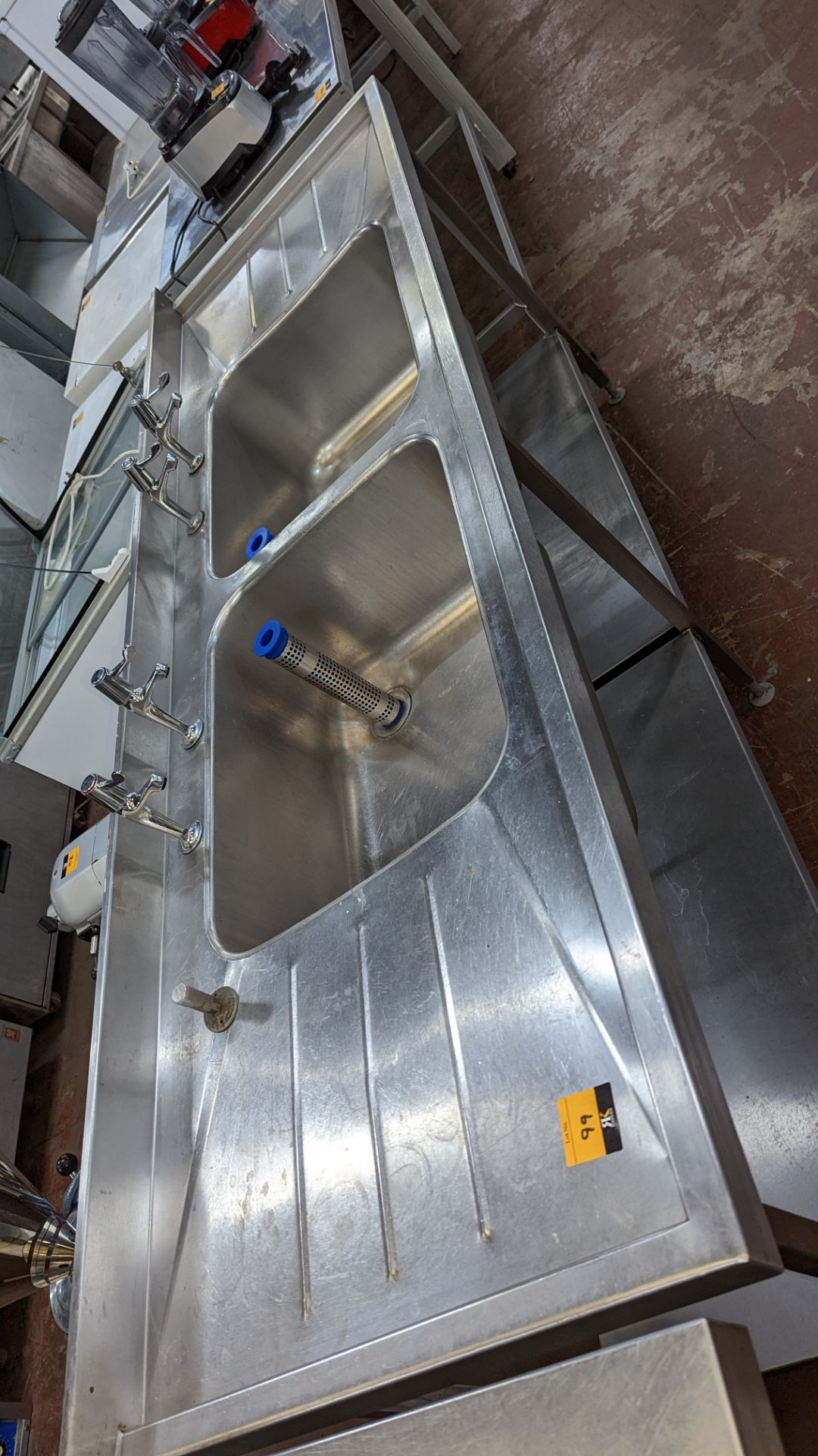 Large stainless steel twin bowl sink arrangement incorporating taps, drainers & shelves below, max e - Image 4 of 6