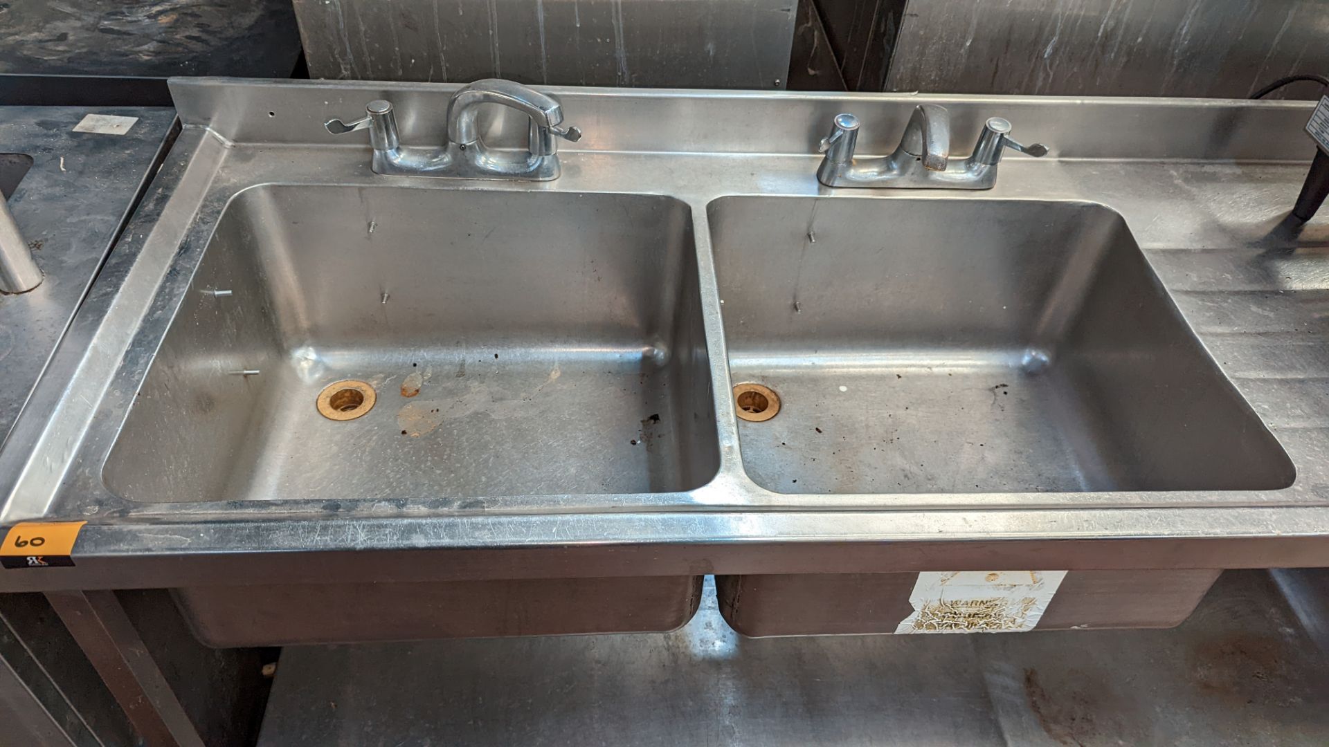 Stainless steel twin bowl sink arrangement incorporating mixer taps, drainer & shelf below - Image 4 of 4