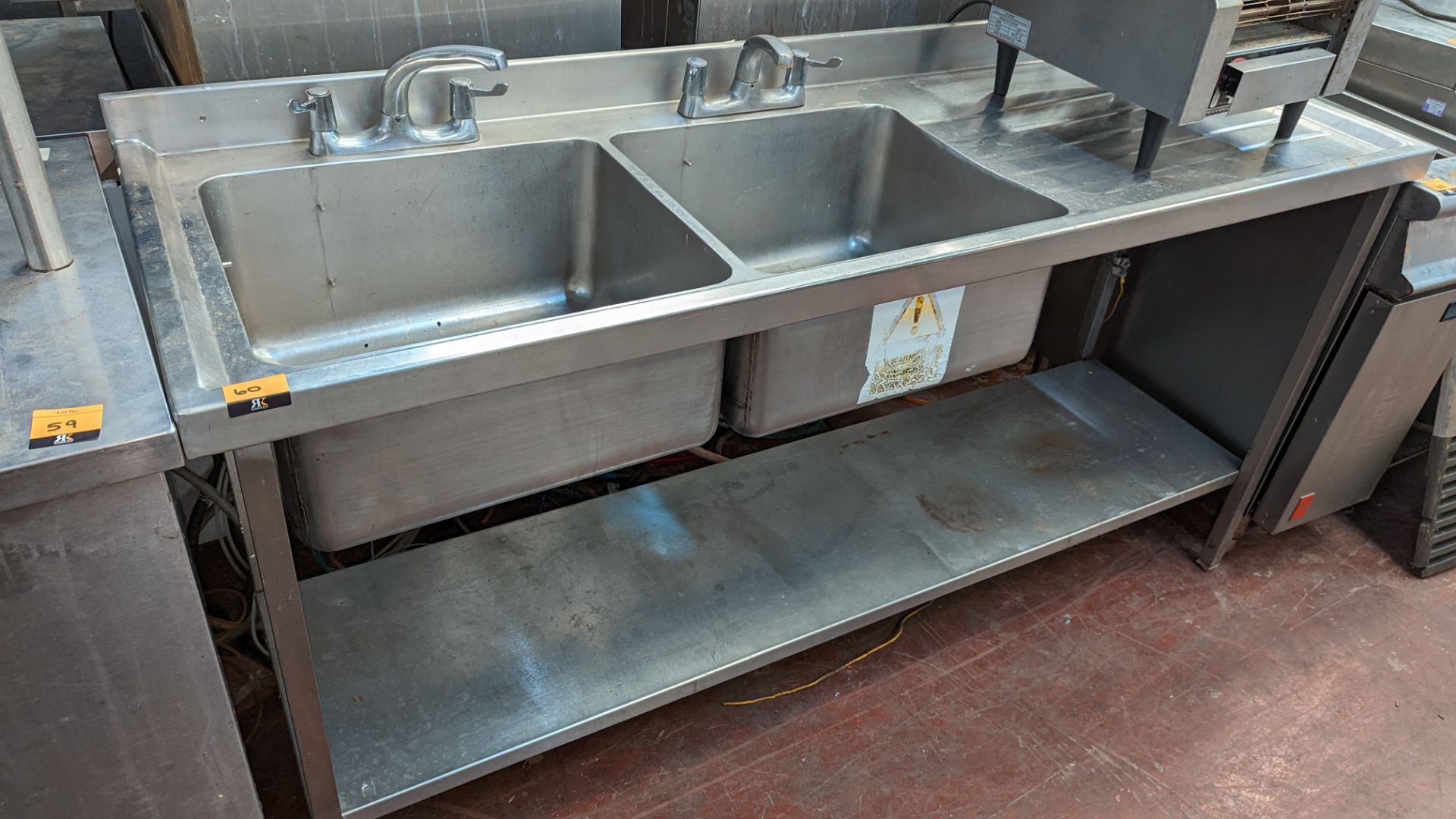 Stainless steel twin bowl sink arrangement incorporating mixer taps, drainer & shelf below - Image 2 of 4