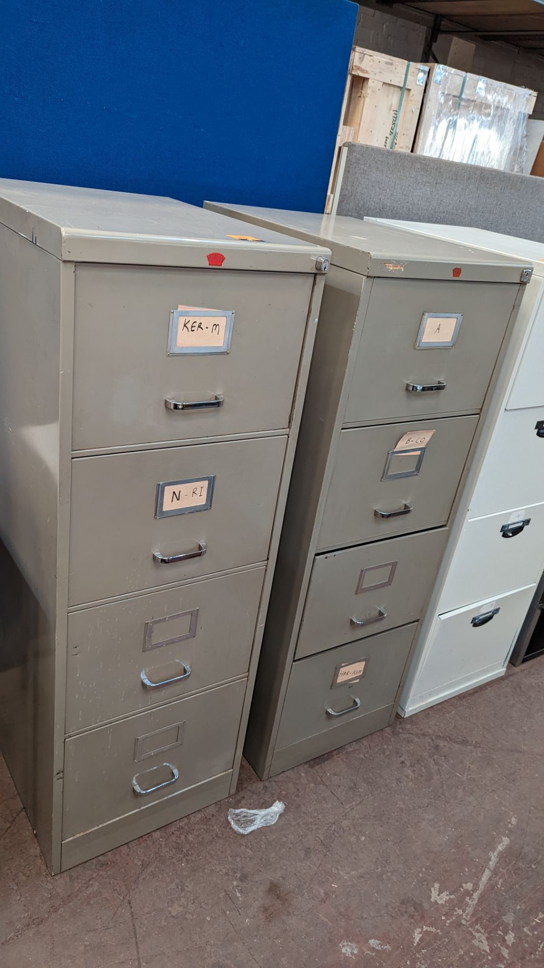 2 off dark grey metal 4-drawer filing cabinets