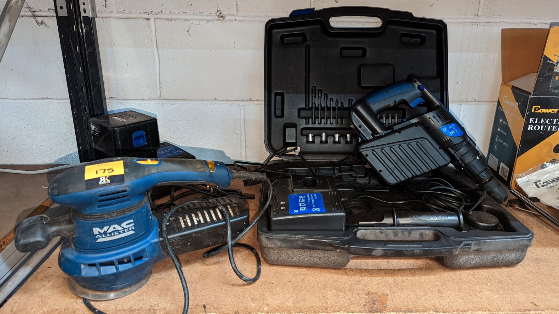 Mixed tool lot comprising Nupower heavy-duty cordless drill with battery & charger (no plug), plus M