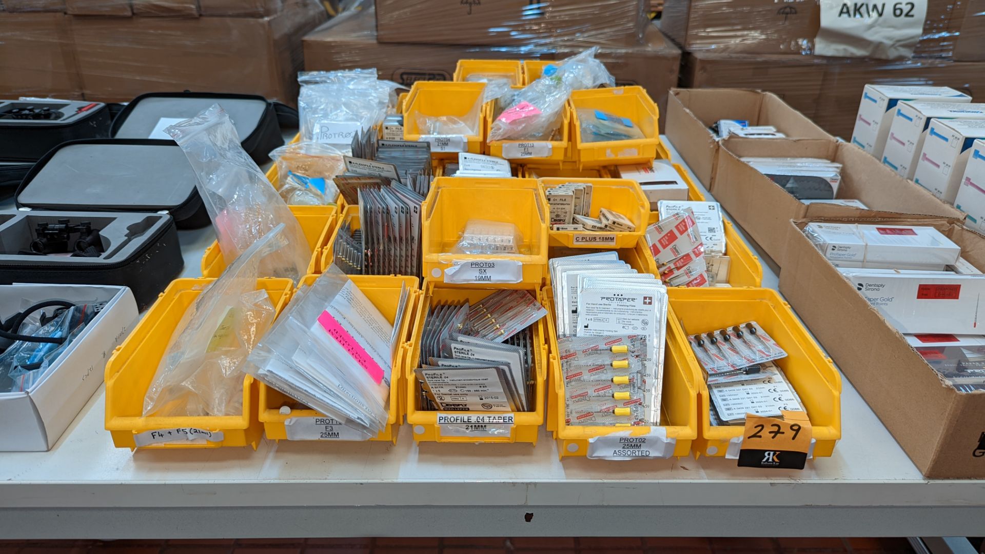 Approximately 30 yellow crates & their contents of assorted dental consumables