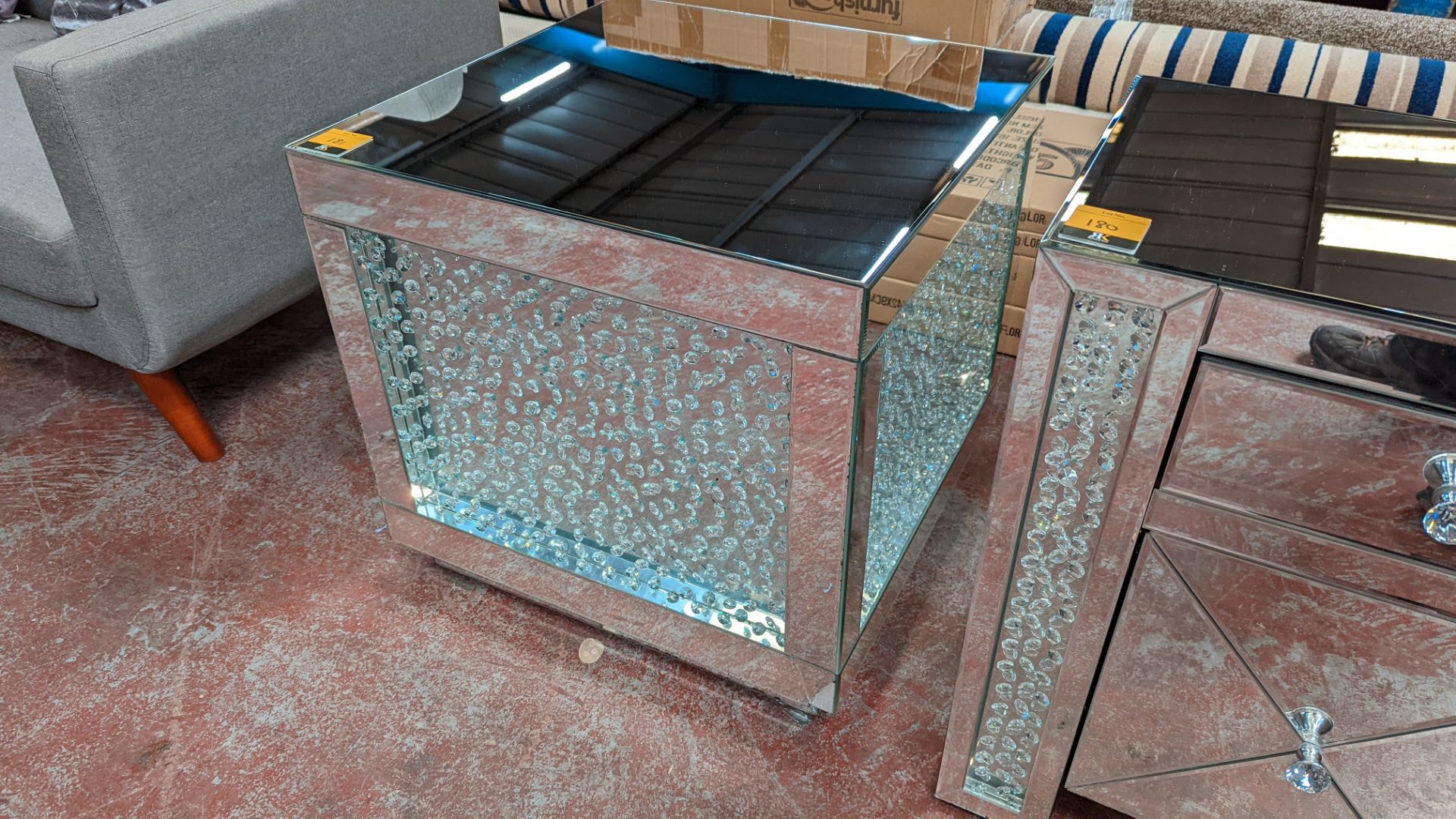 Square table with mirrored top & "bubbles" detailing. Max dimensions approximately 61cm x 61cm. Pl