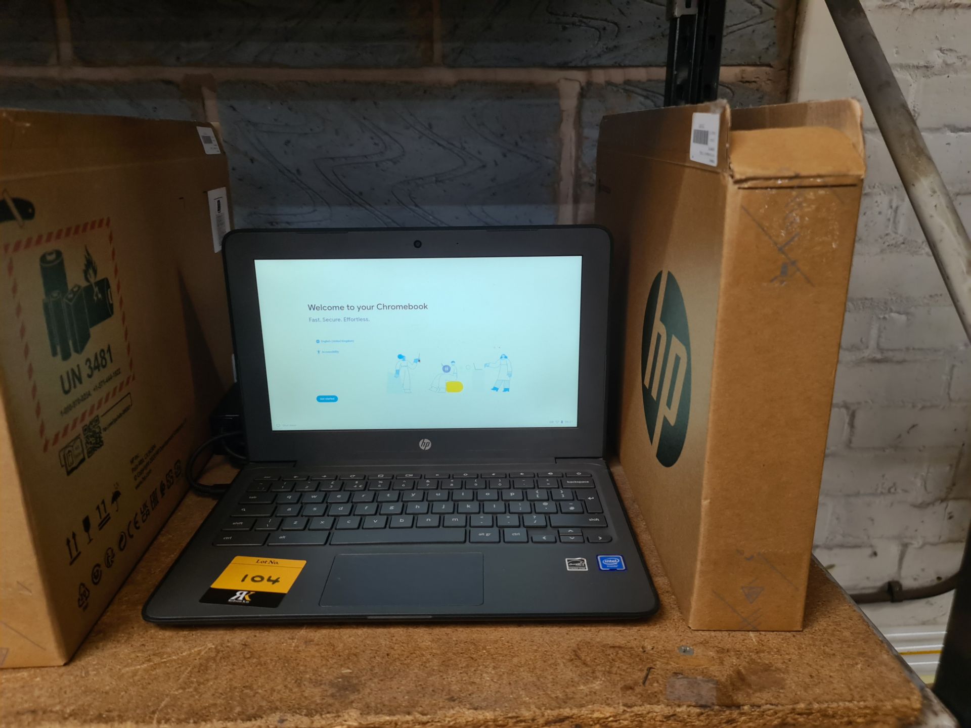 HP Chromebook notebook computer model G6 EE with Intel Celeron N3350 CPU @ 1.1GHz, 4GB RAM. Include