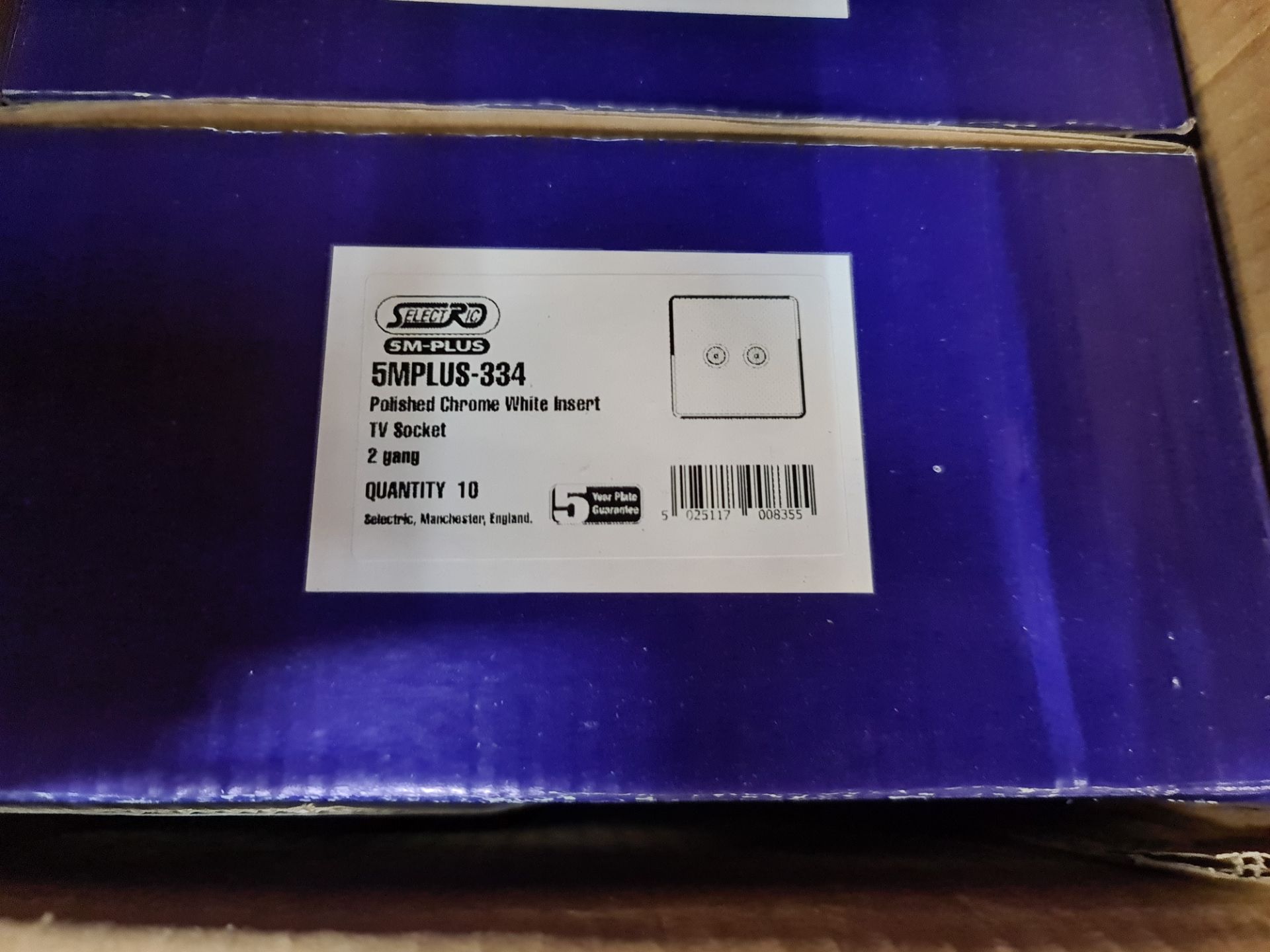 50 off (1 carton) Selectric 5M-PLUS 334 polished chrome 2 gang TV socket - white insert