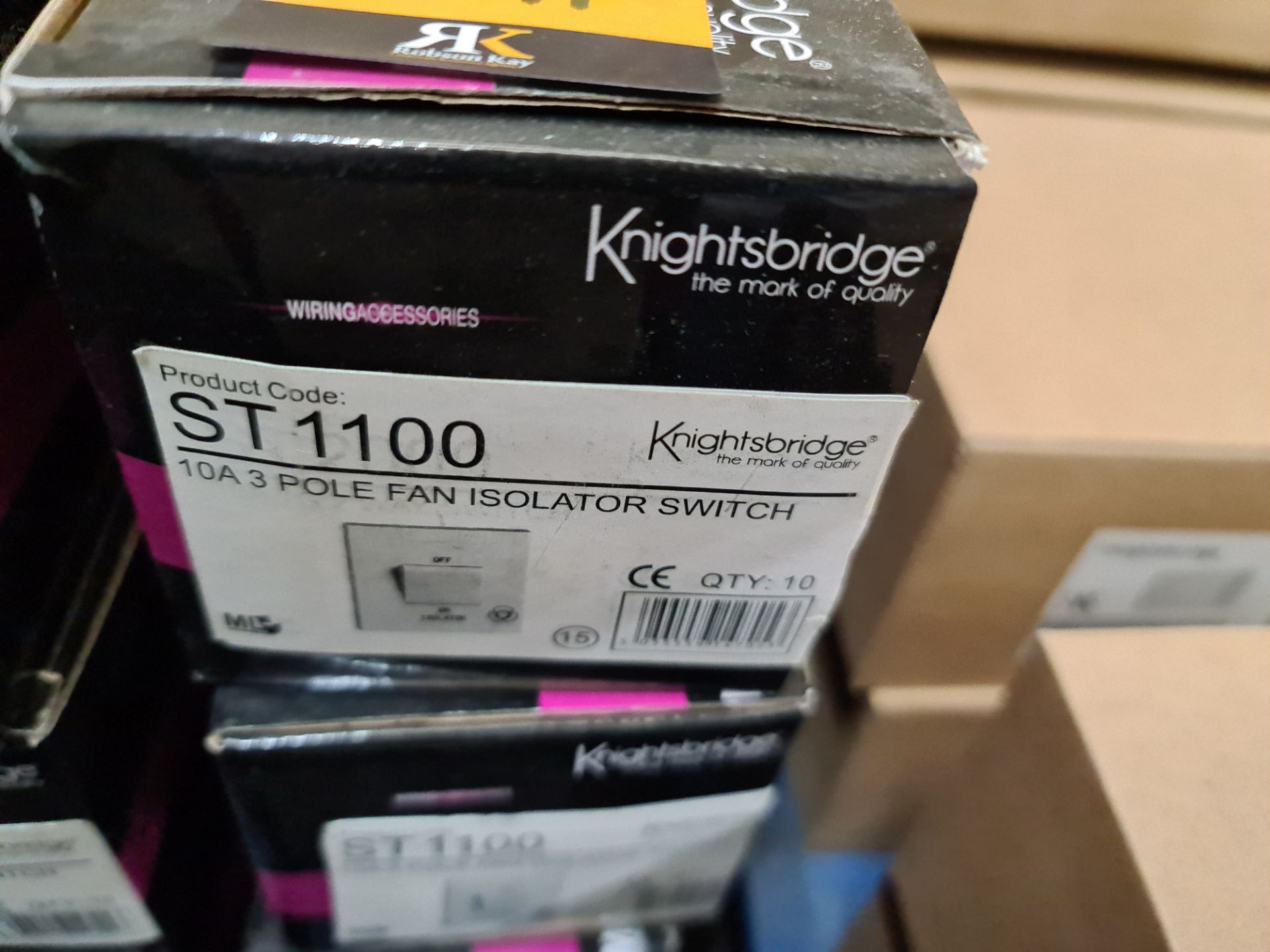 6 boxes of Knightsbridge 10amp 3 pole fan isolator switches. Most boxes appear full but some boxes a