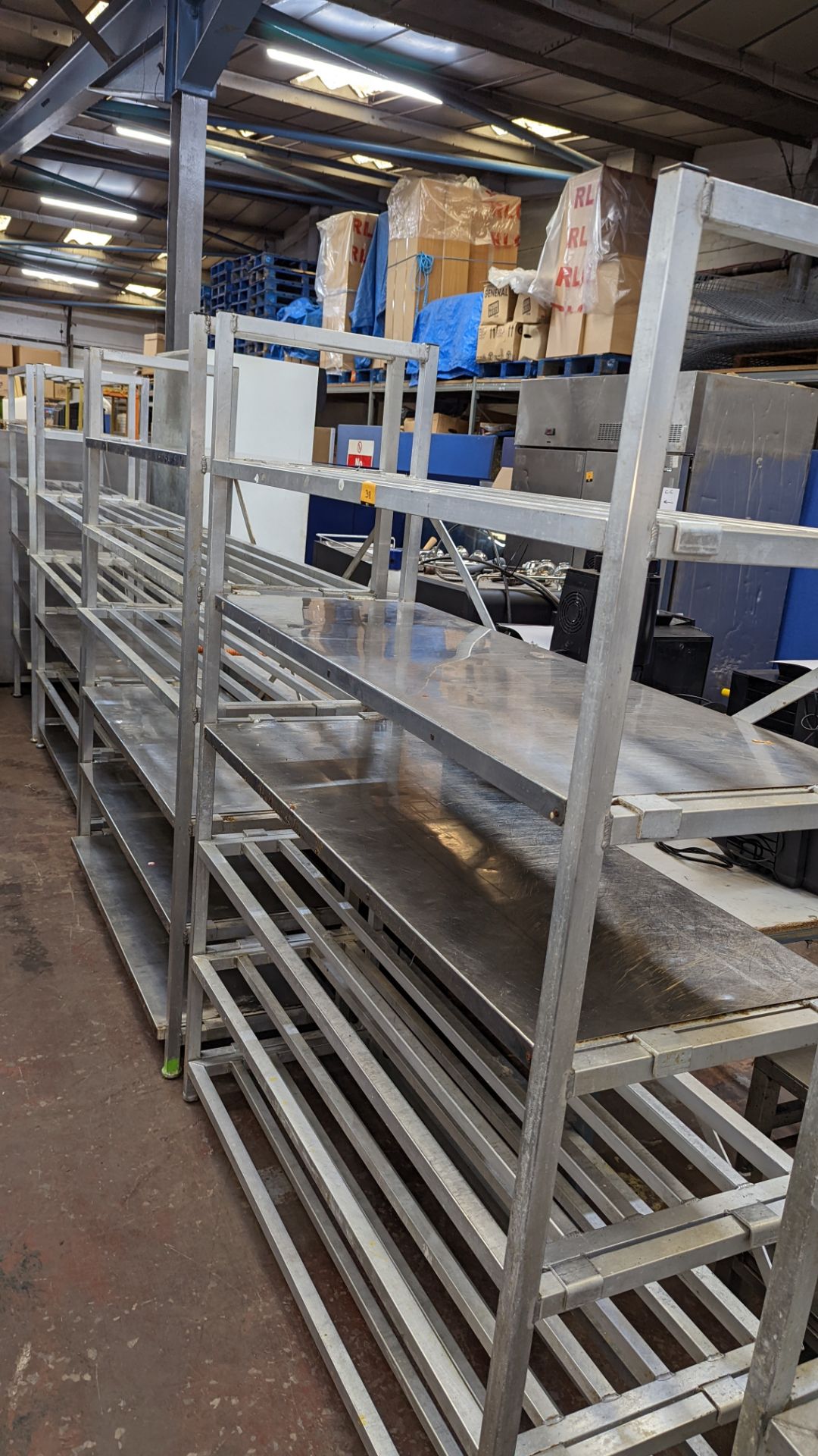 3 freestanding bays of cold store shelving, each being approx. 148cm wide, two bays each having 6 sh