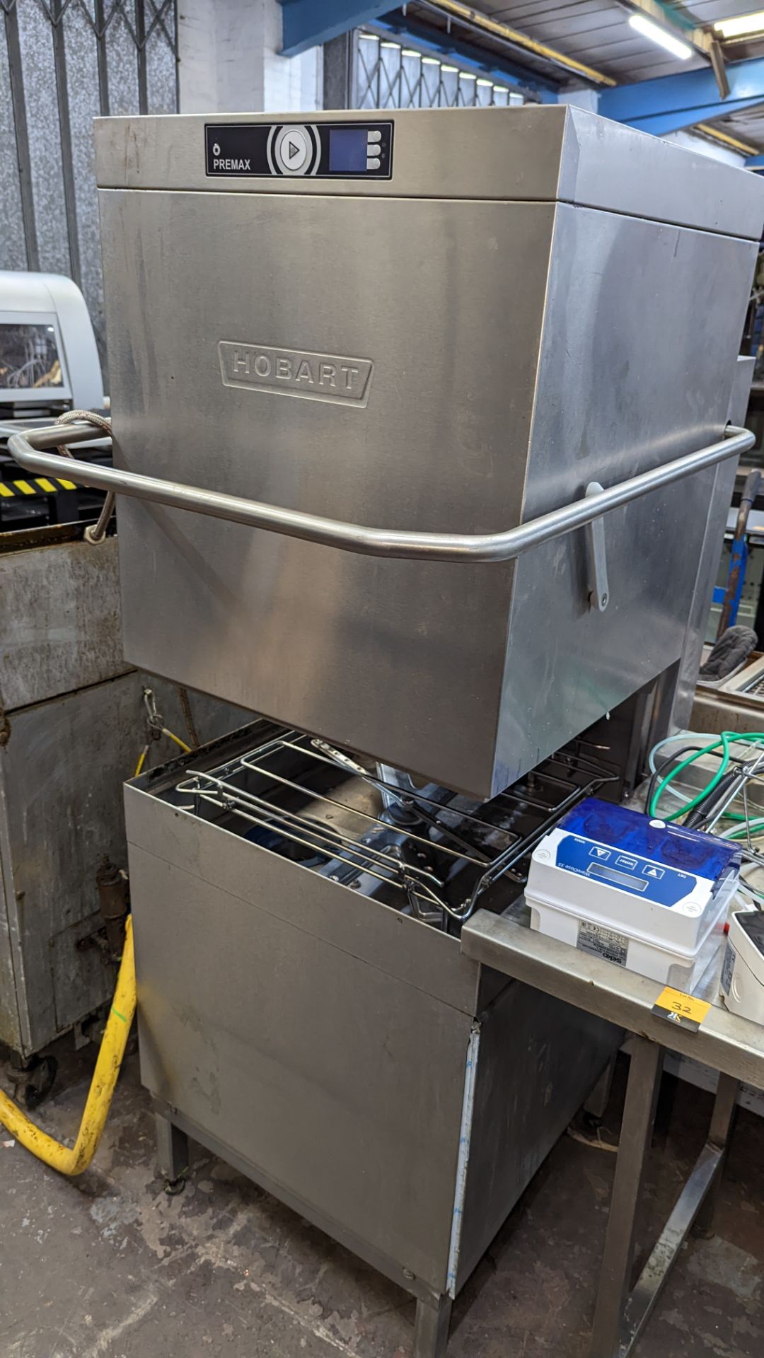 Hobart Premax stainless steel pass through commercial dishwasher including stainless steel feeder ta