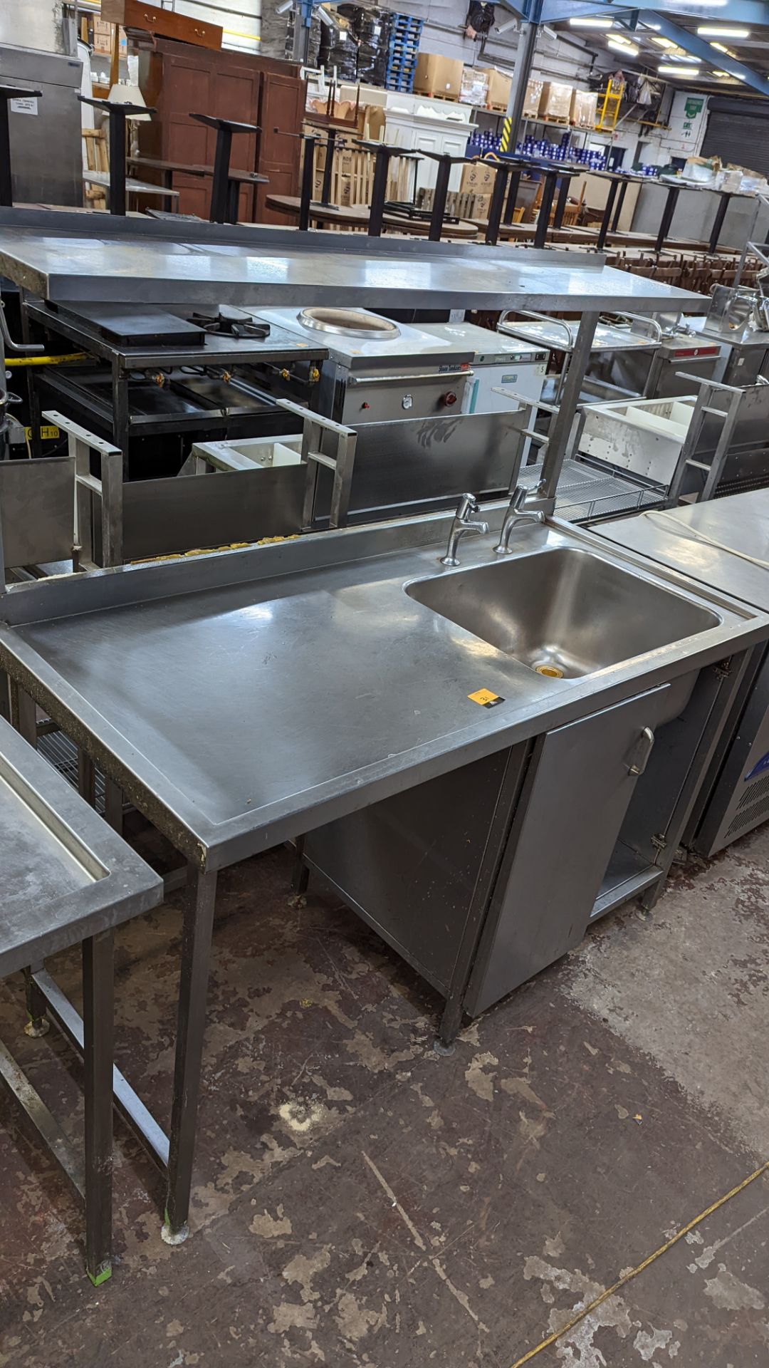 Stainless steel freestanding single bowl sink with large drainer, shelf above & storage below - Image 5 of 5