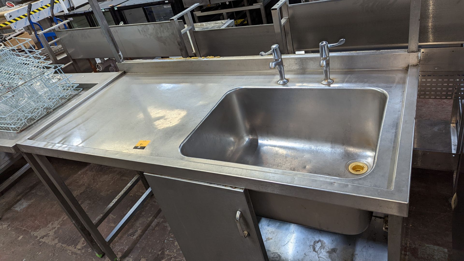 Stainless steel freestanding single bowl sink with large drainer, shelf above & storage below - Image 3 of 5