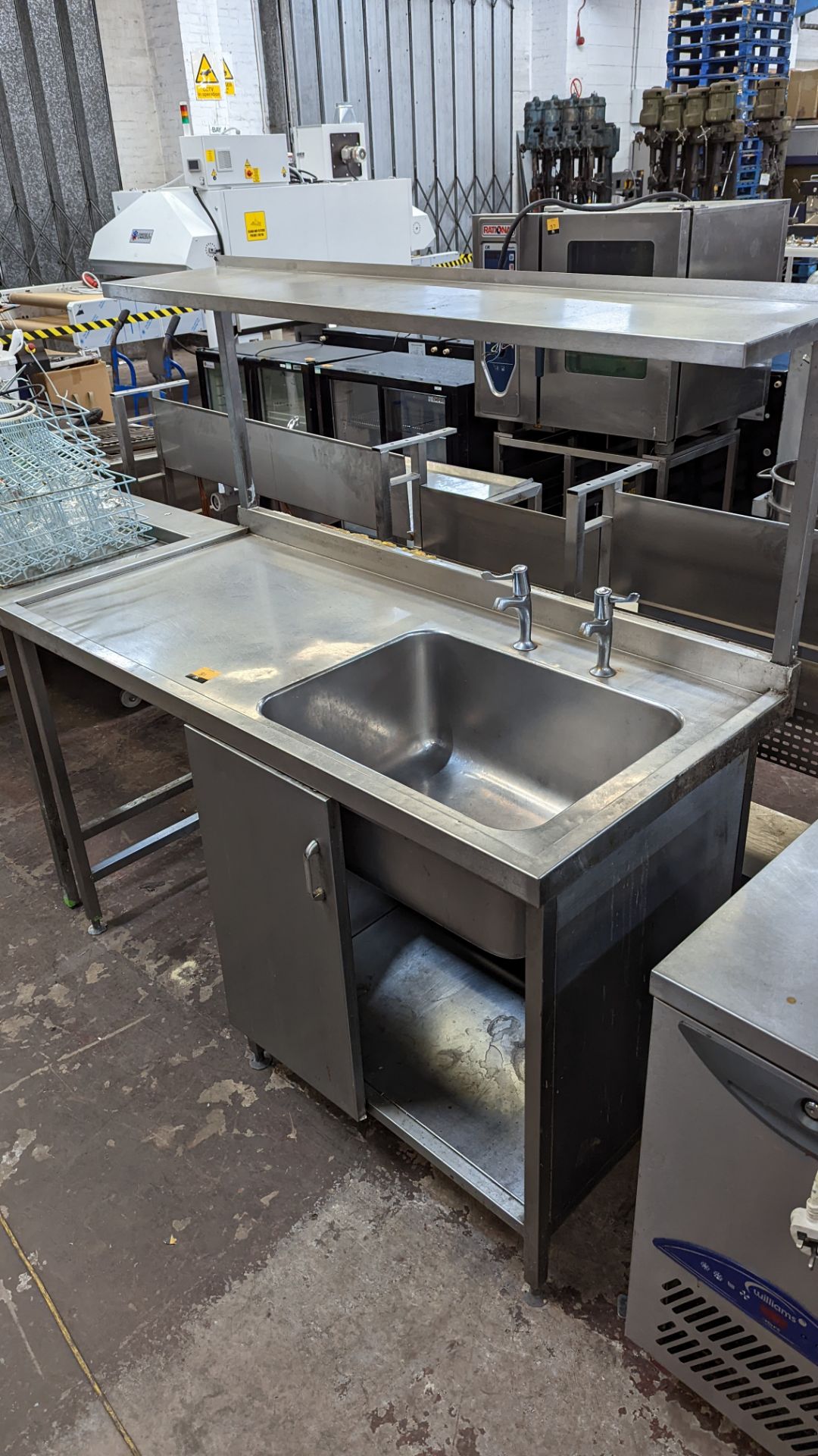 Stainless steel freestanding single bowl sink with large drainer, shelf above & storage below - Image 2 of 5