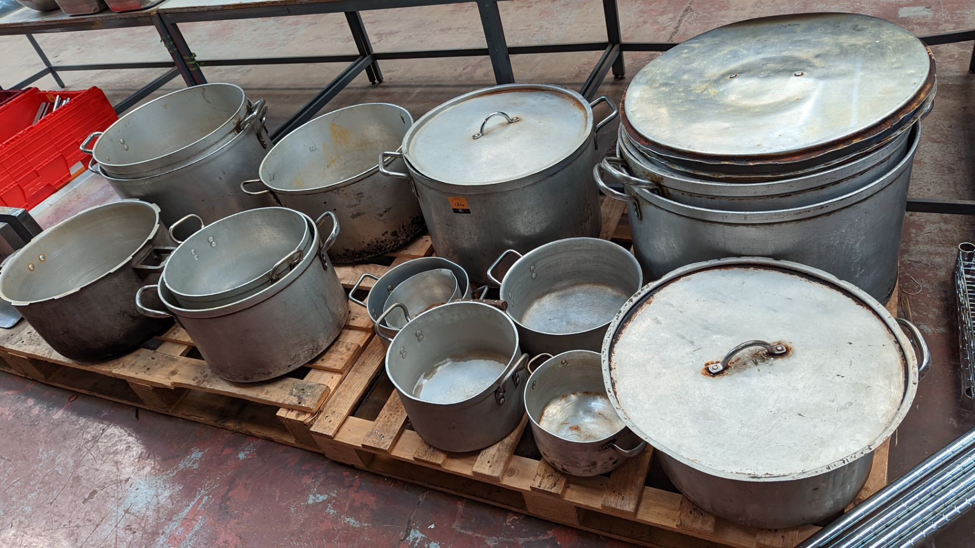 Contents of 2 pallets of very large stockpots/pans & similar, including 10 off very large pans & 5 s