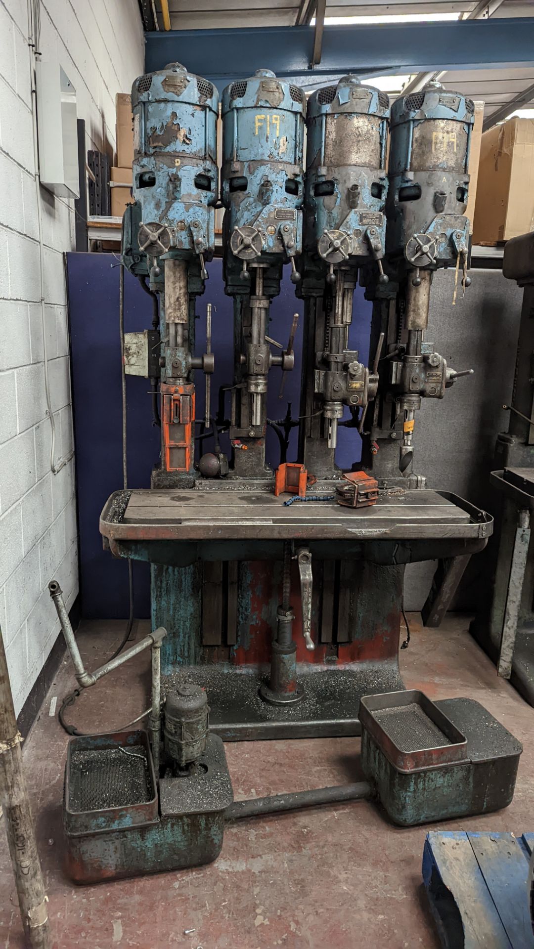 Brookhirst 4-head drill comprising steel table with 4 off Type 450/198M drill heads