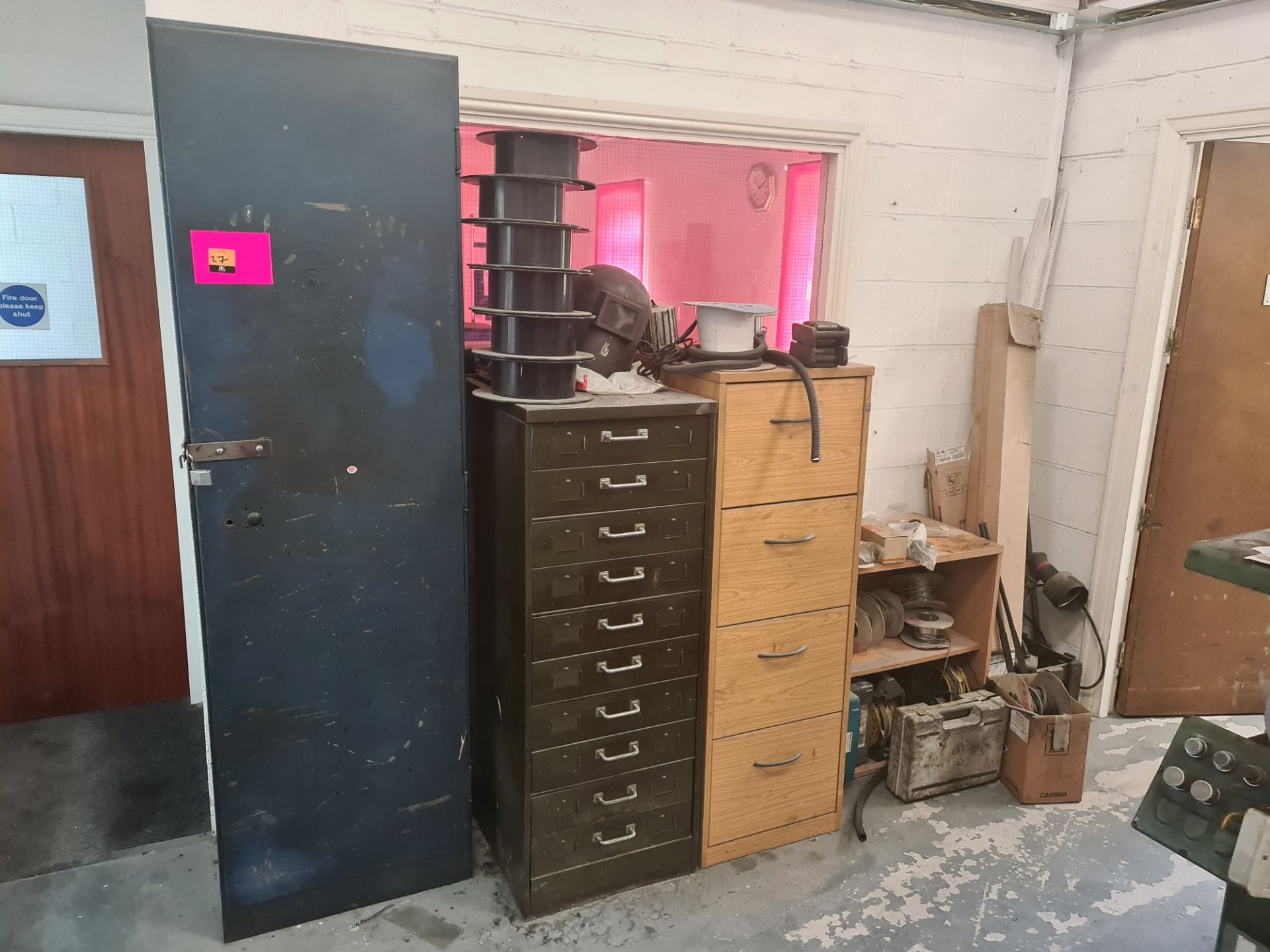 Quantity of assorted cupboards & contents comprising tall cupboard with contents of tap sets & other