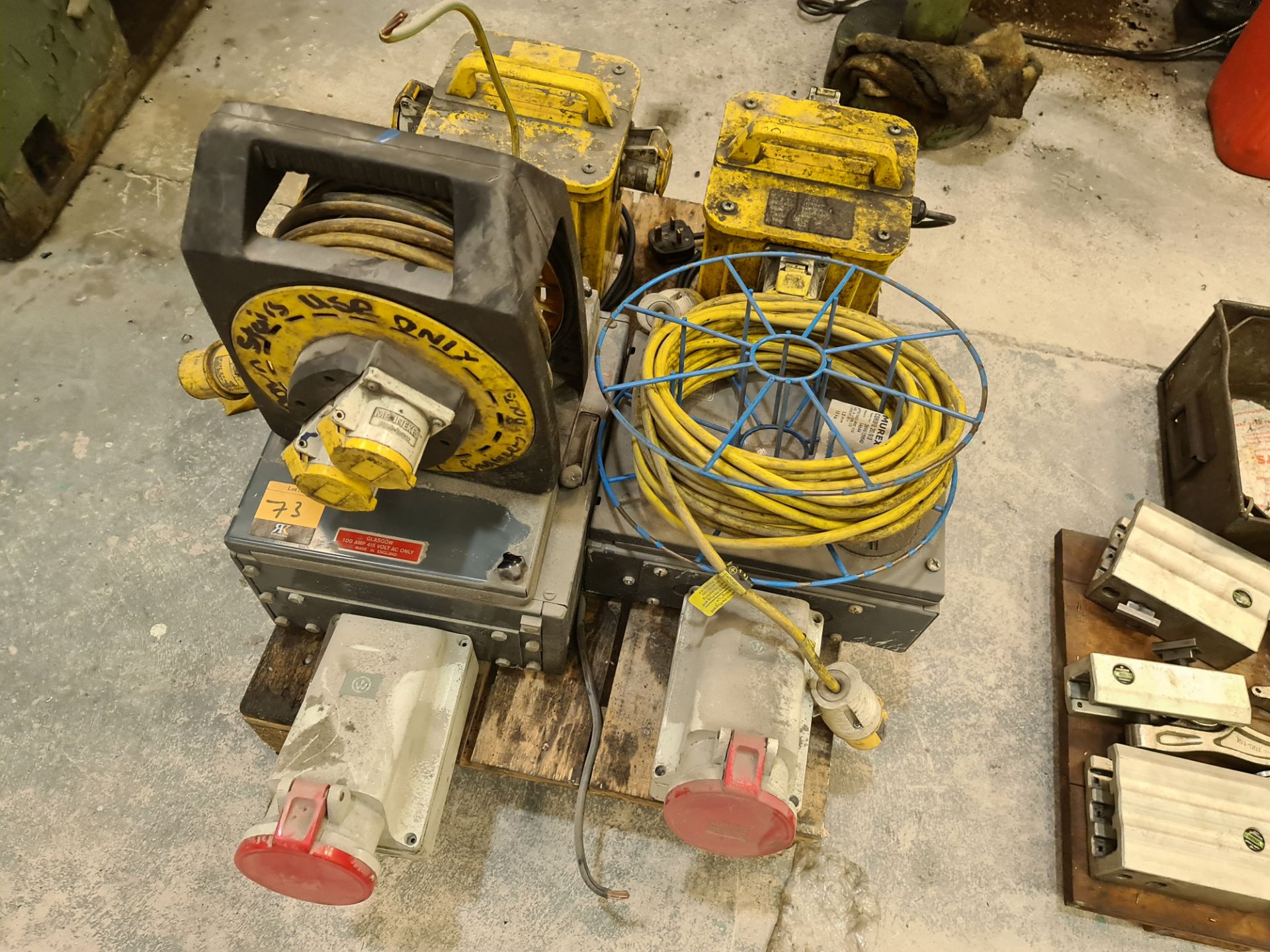 The contents of a pallet of 110V items & similar including extension cables & transformers