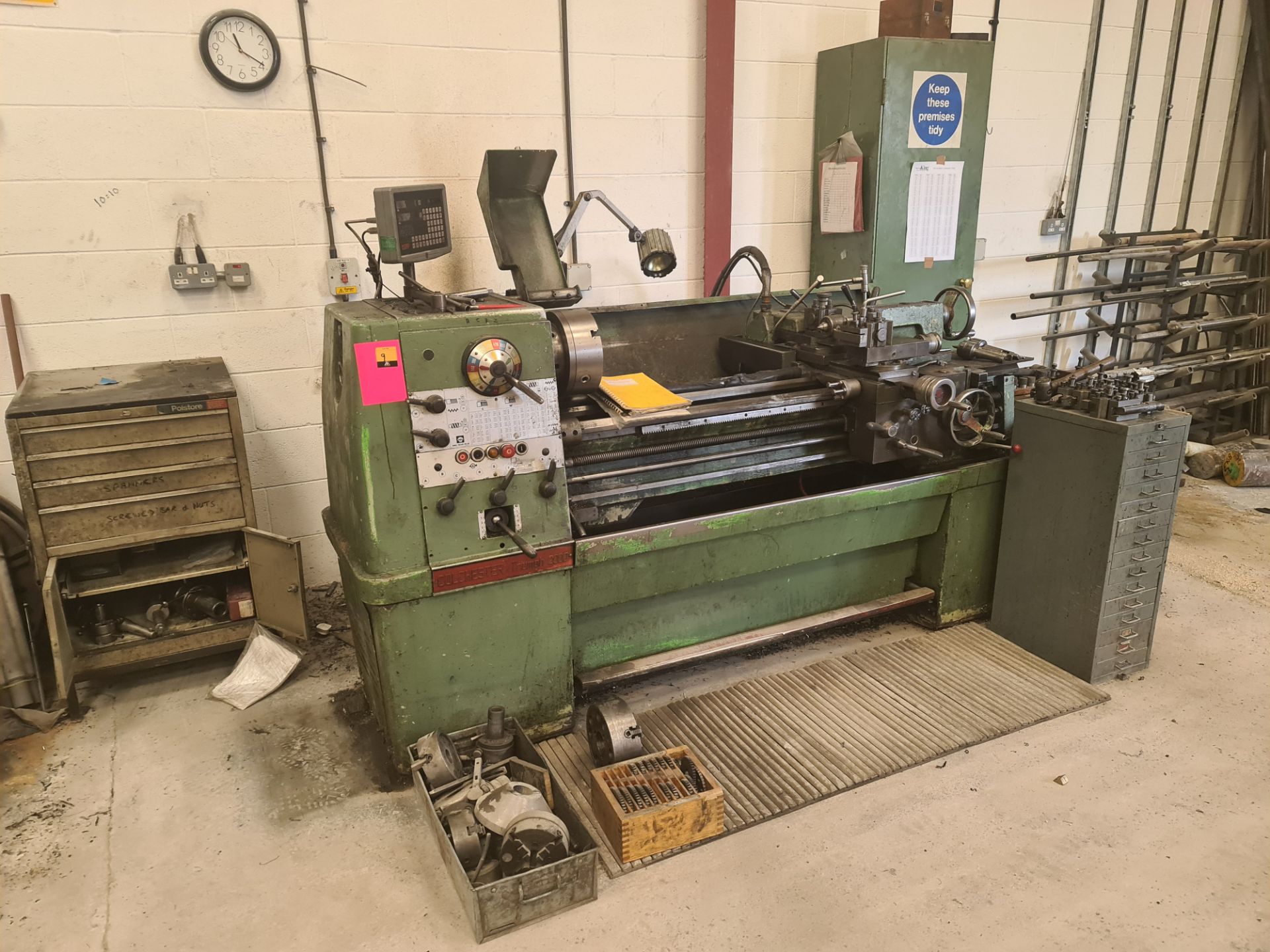 Colchester Triumph 2000 lathe with digital readout systems M-DRO including large quantity of tooling