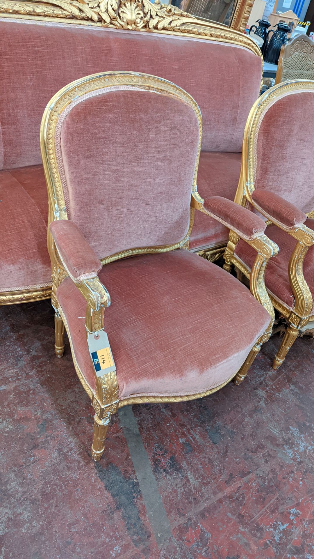 Late 19th/early 20th century Louis XV style gilt frame Acanthus carved crested settee plus 2 armchai - Image 3 of 11