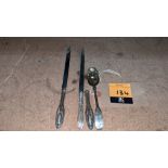 4 assorted items in silver comprising 2 off slim knives/letter openers, 1 handle, 1 spoon