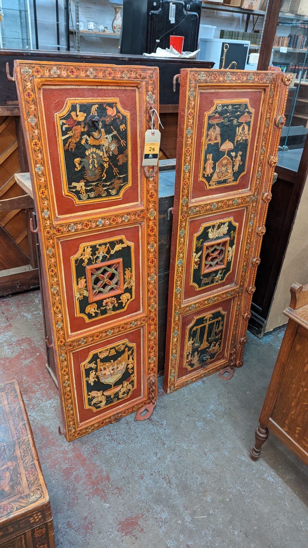 Pair of Mughal Indo Persian style cabinet doors with extensive paintwork as pictured