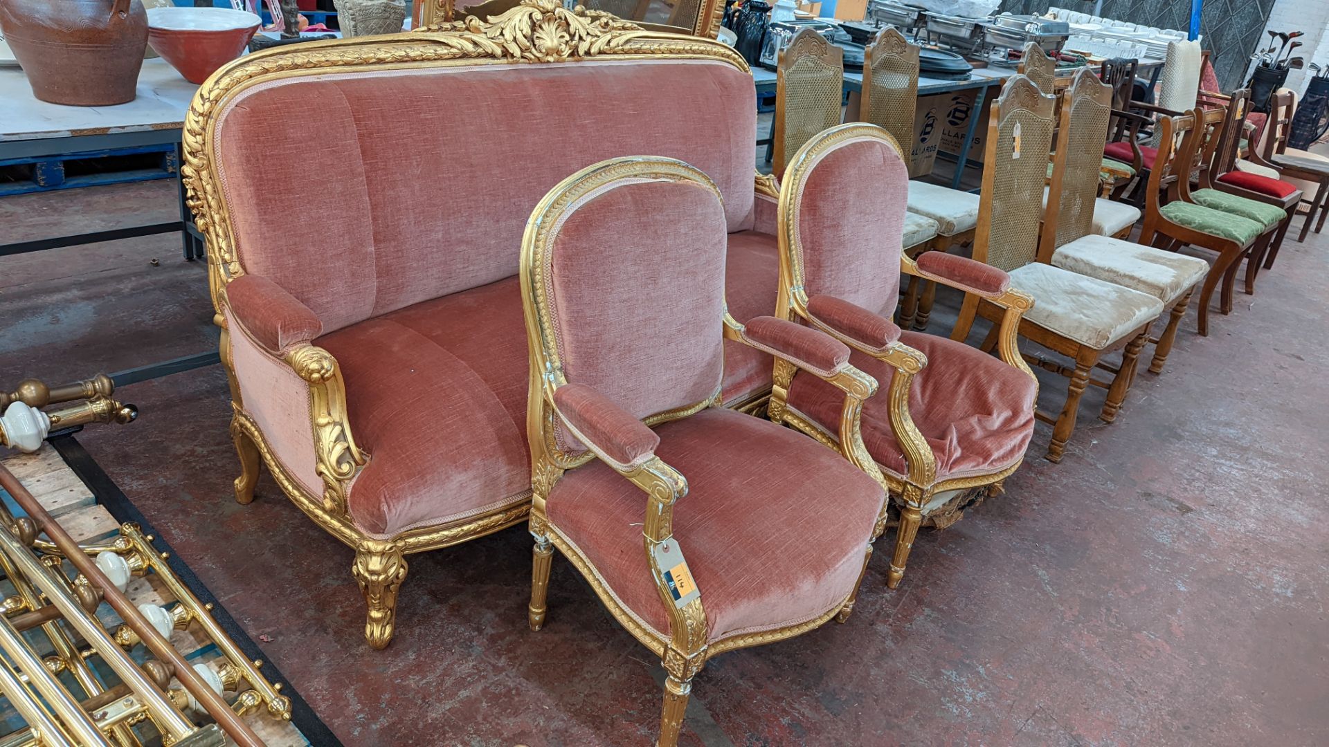 Late 19th/early 20th century Louis XV style gilt frame Acanthus carved crested settee plus 2 armchai - Image 2 of 11