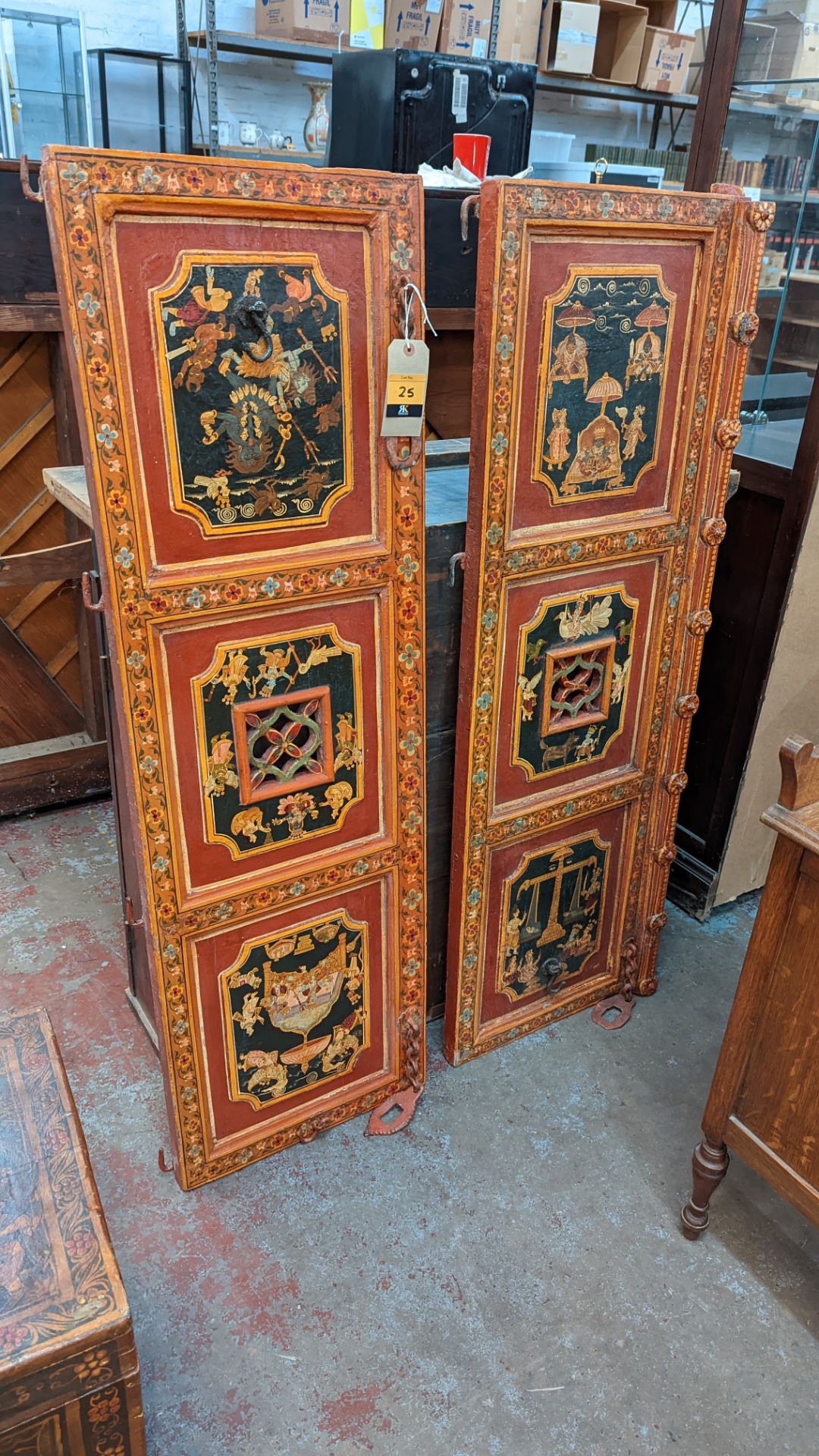 Pair of Mughal Indo Persian style cabinet doors with extensive paintwork as pictured - Image 2 of 12