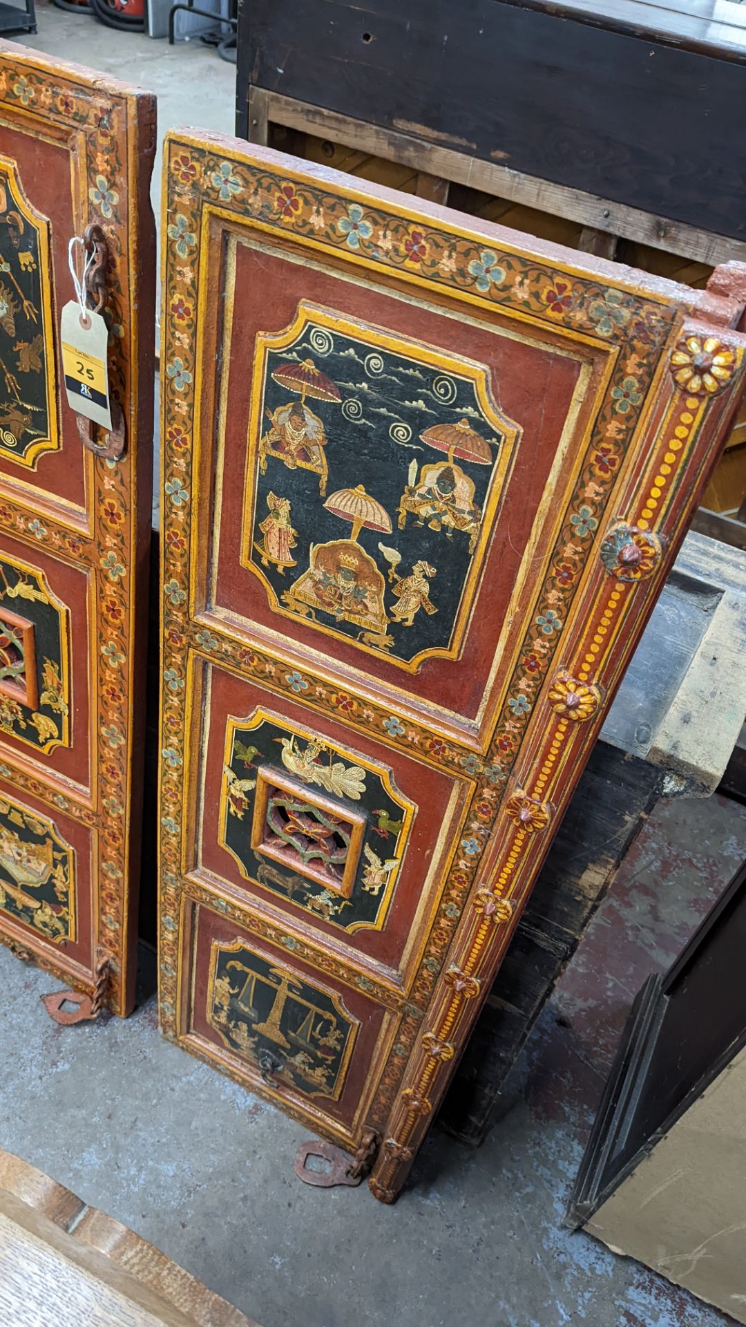 Pair of Mughal Indo Persian style cabinet doors with extensive paintwork as pictured - Image 7 of 12
