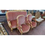 Late 19th/early 20th century Louis XV style gilt frame Acanthus carved crested settee plus 2 armchai