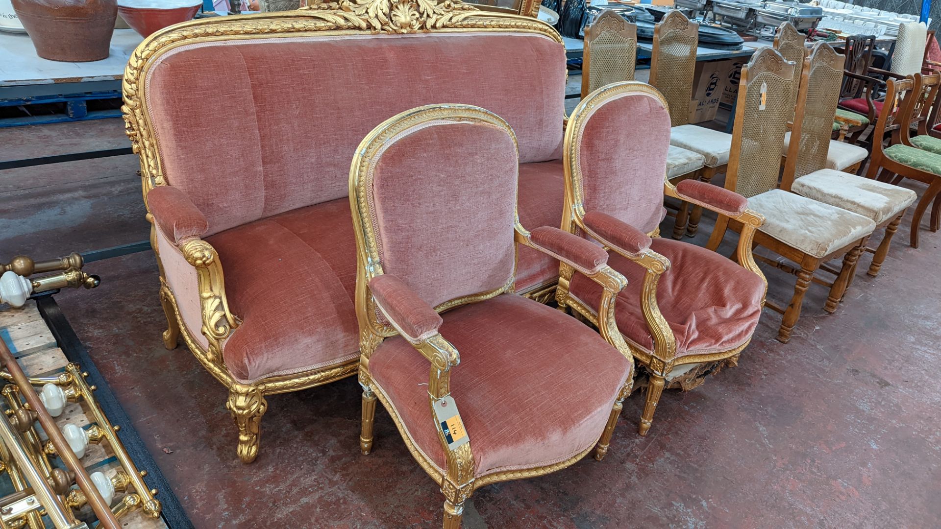 Late 19th/early 20th century Louis XV style gilt frame Acanthus carved crested settee plus 2 armchai