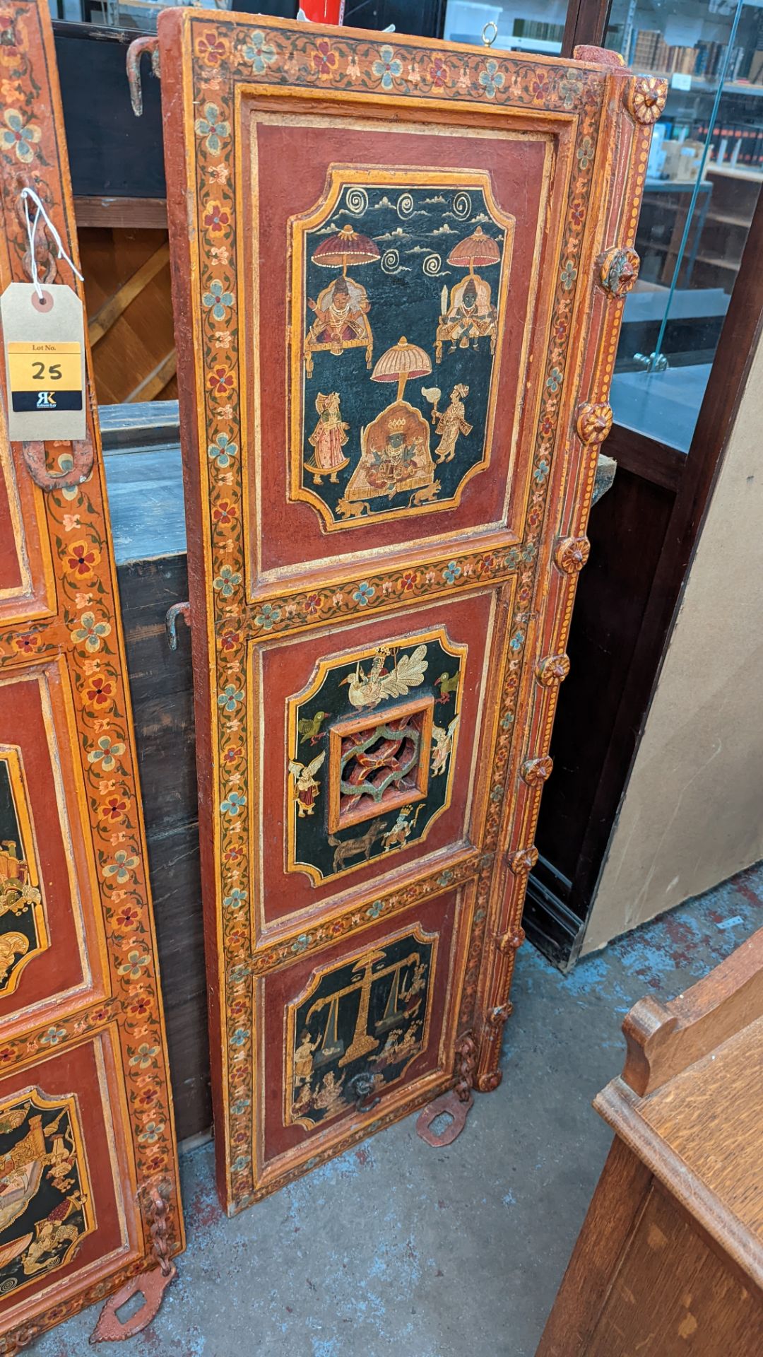 Pair of Mughal Indo Persian style cabinet doors with extensive paintwork as pictured - Image 4 of 12