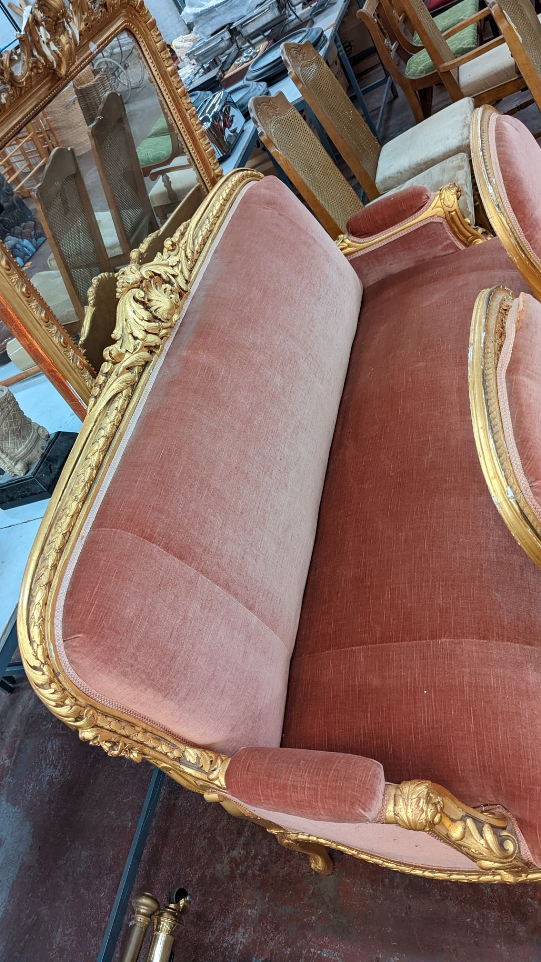 Late 19th/early 20th century Louis XV style gilt frame Acanthus carved crested settee plus 2 armchai - Image 5 of 11