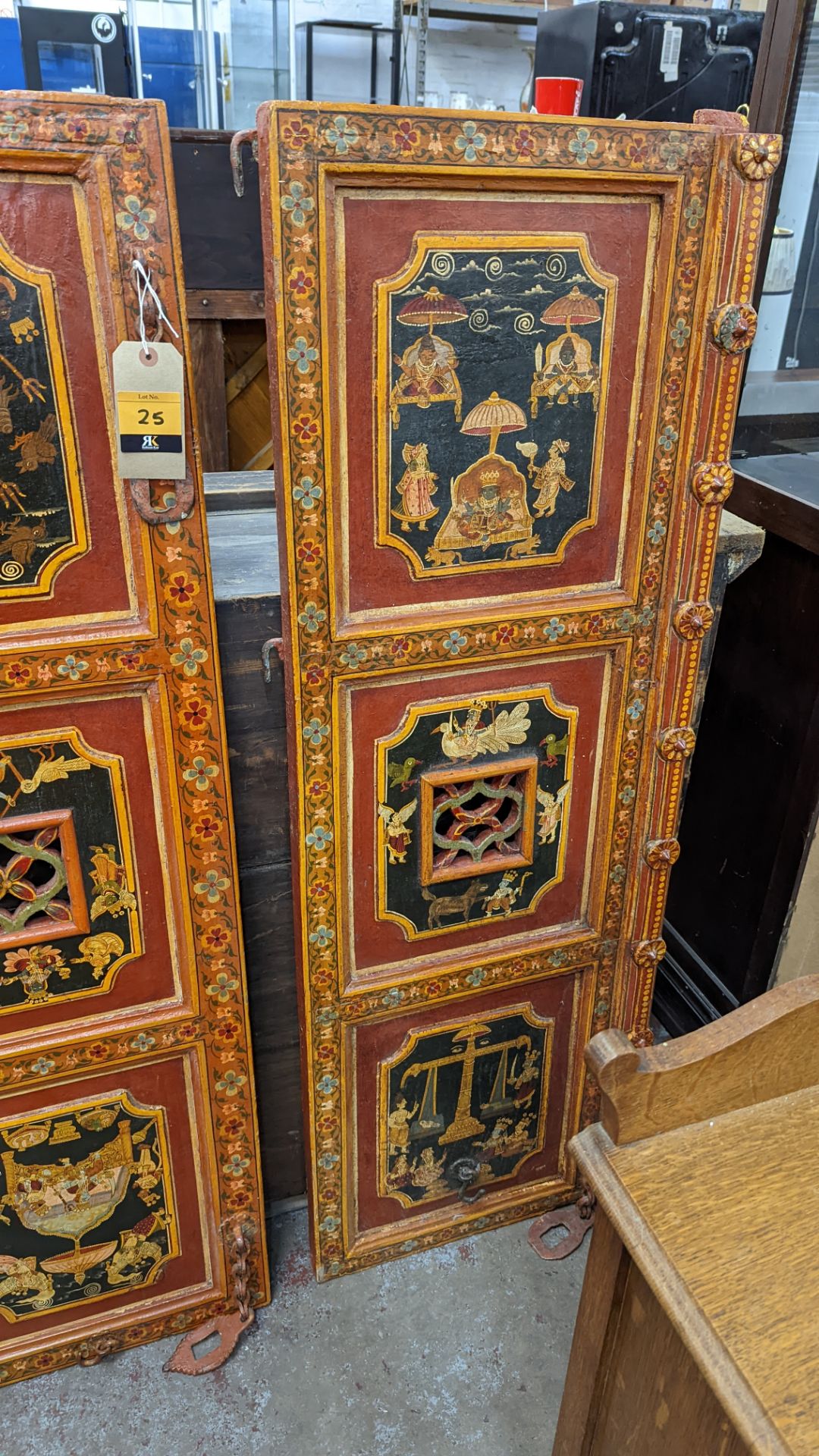 Pair of Mughal Indo Persian style cabinet doors with extensive paintwork as pictured - Image 6 of 12