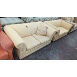 Pair of 2 seat upholstered sofas in lemon fabric