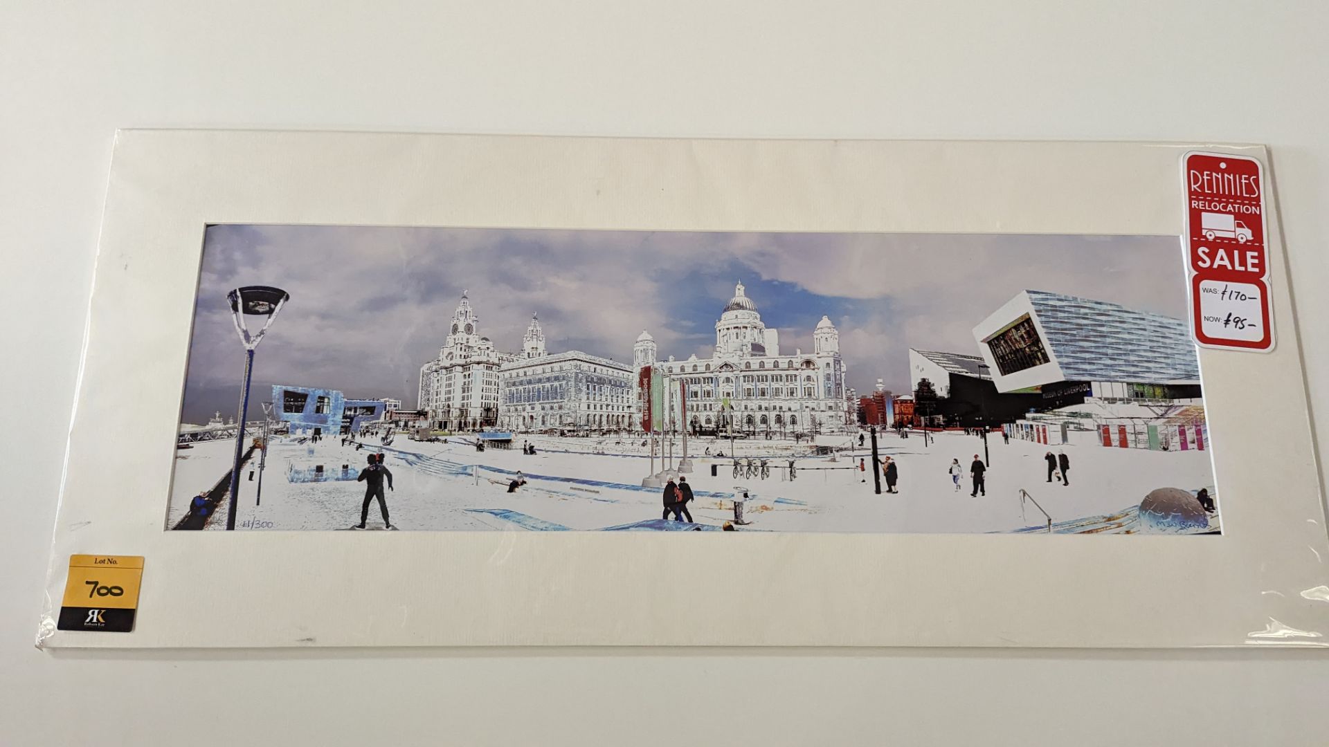Limited edition print, no. 11/300, of Liverpool scene by M W Burns. Original selling price £170. In