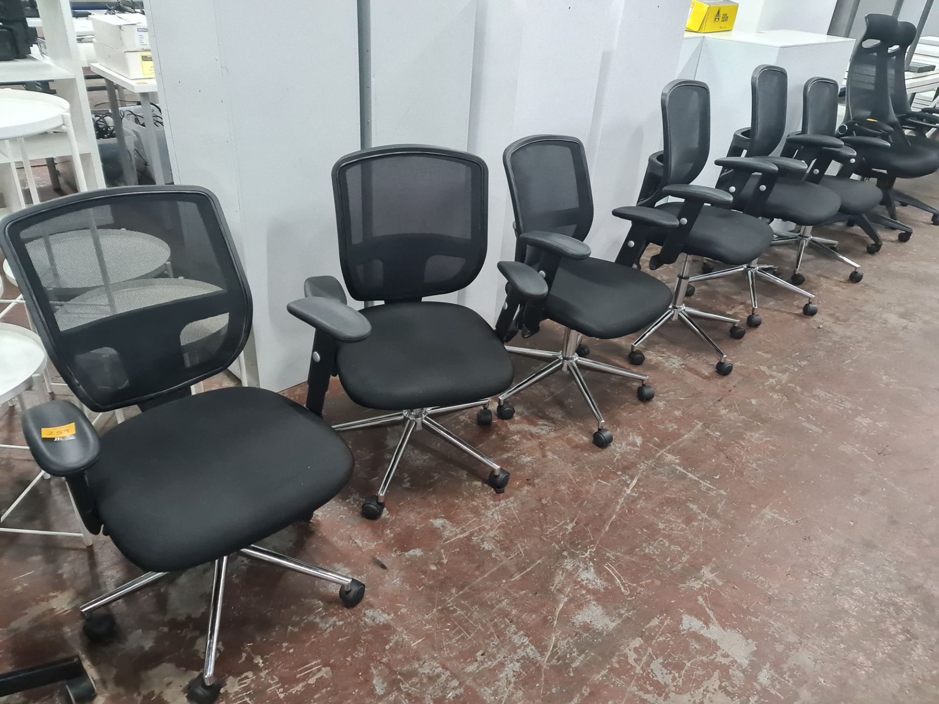 6 off matching modern high mesh back operator chairs in black on chrome bases