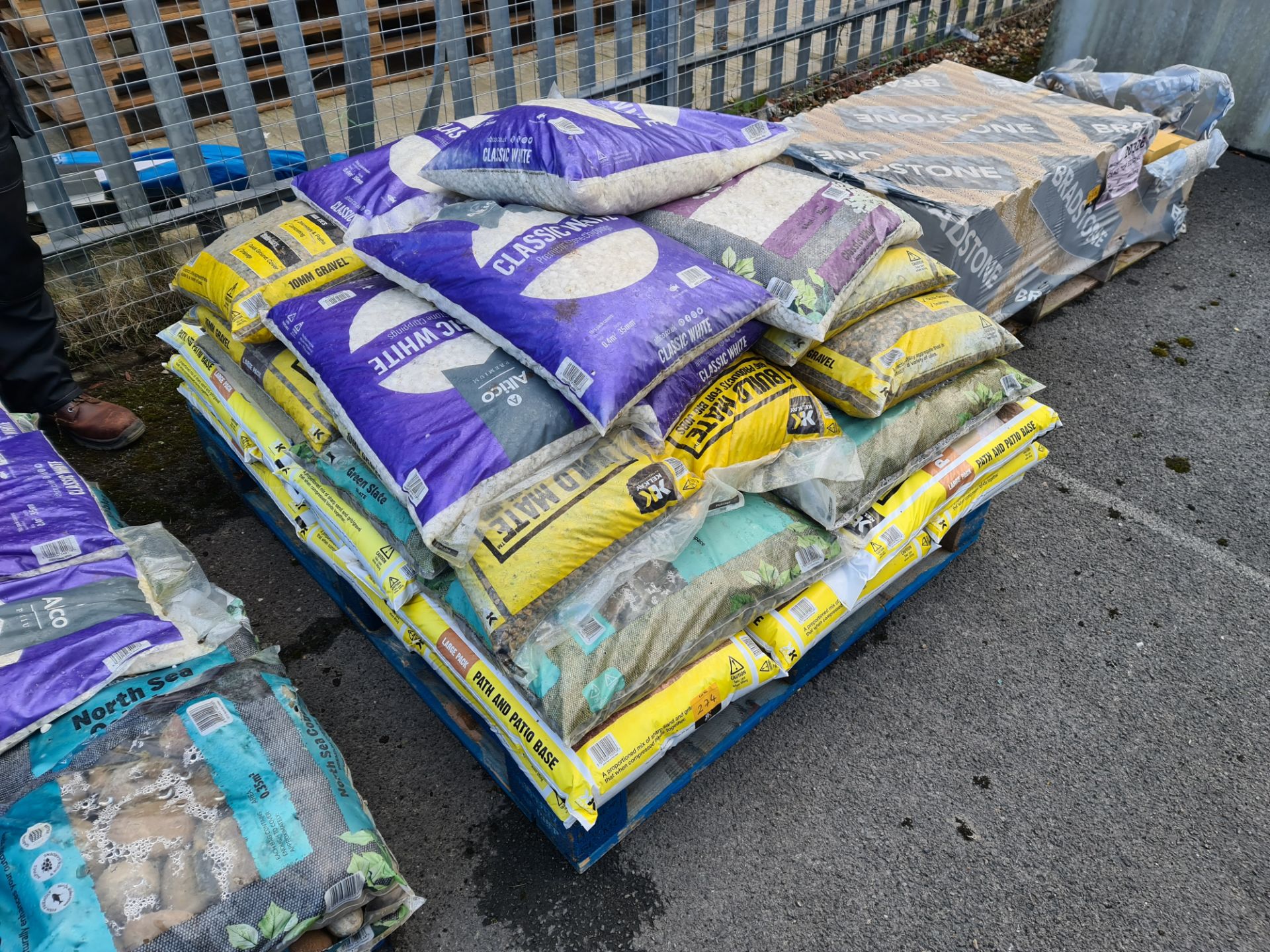 The contents of a pallet of classic white premium stone chippings, Build Mate gravel, green slate an