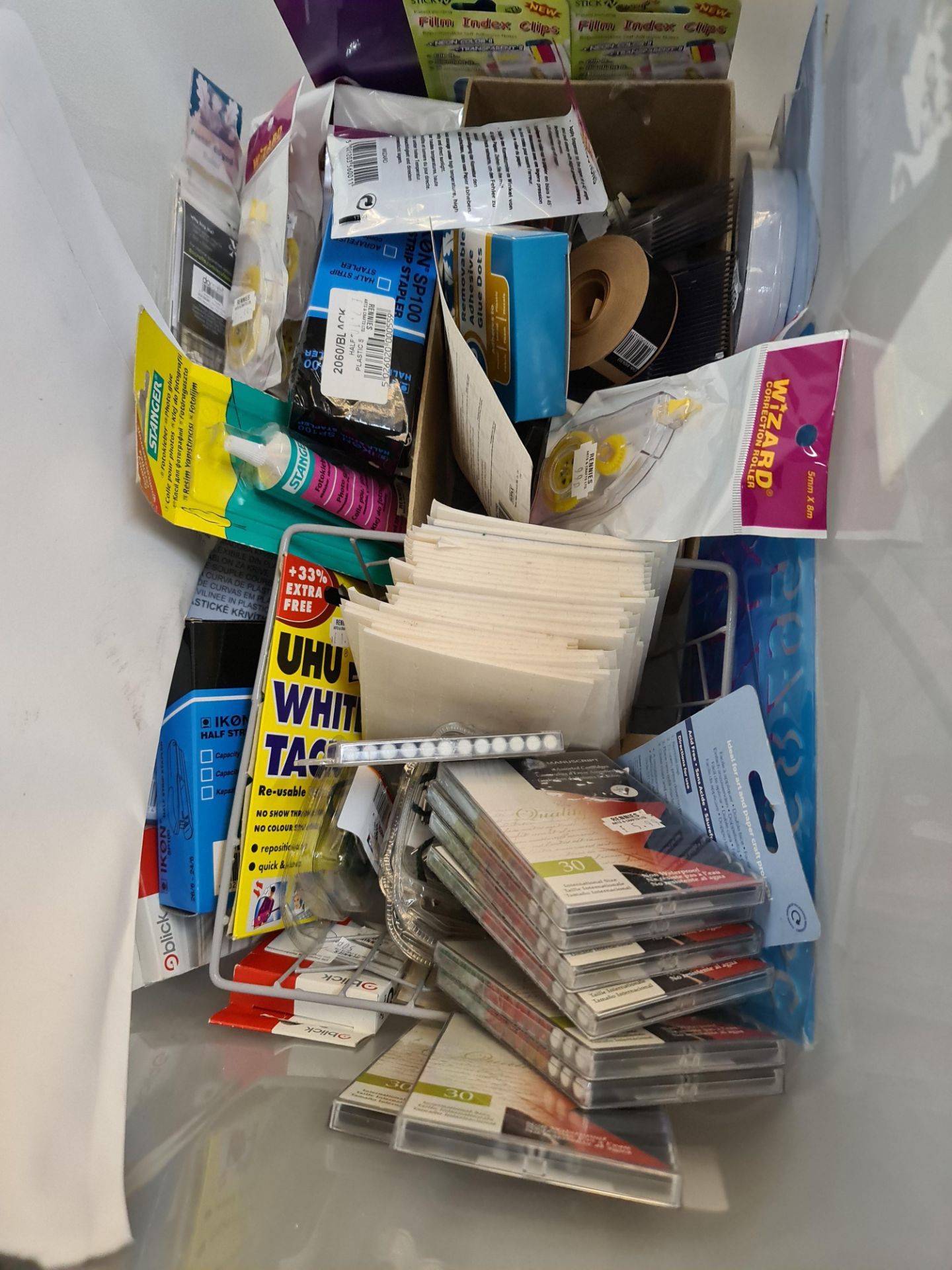 The contents of a crate of art and craft supplies