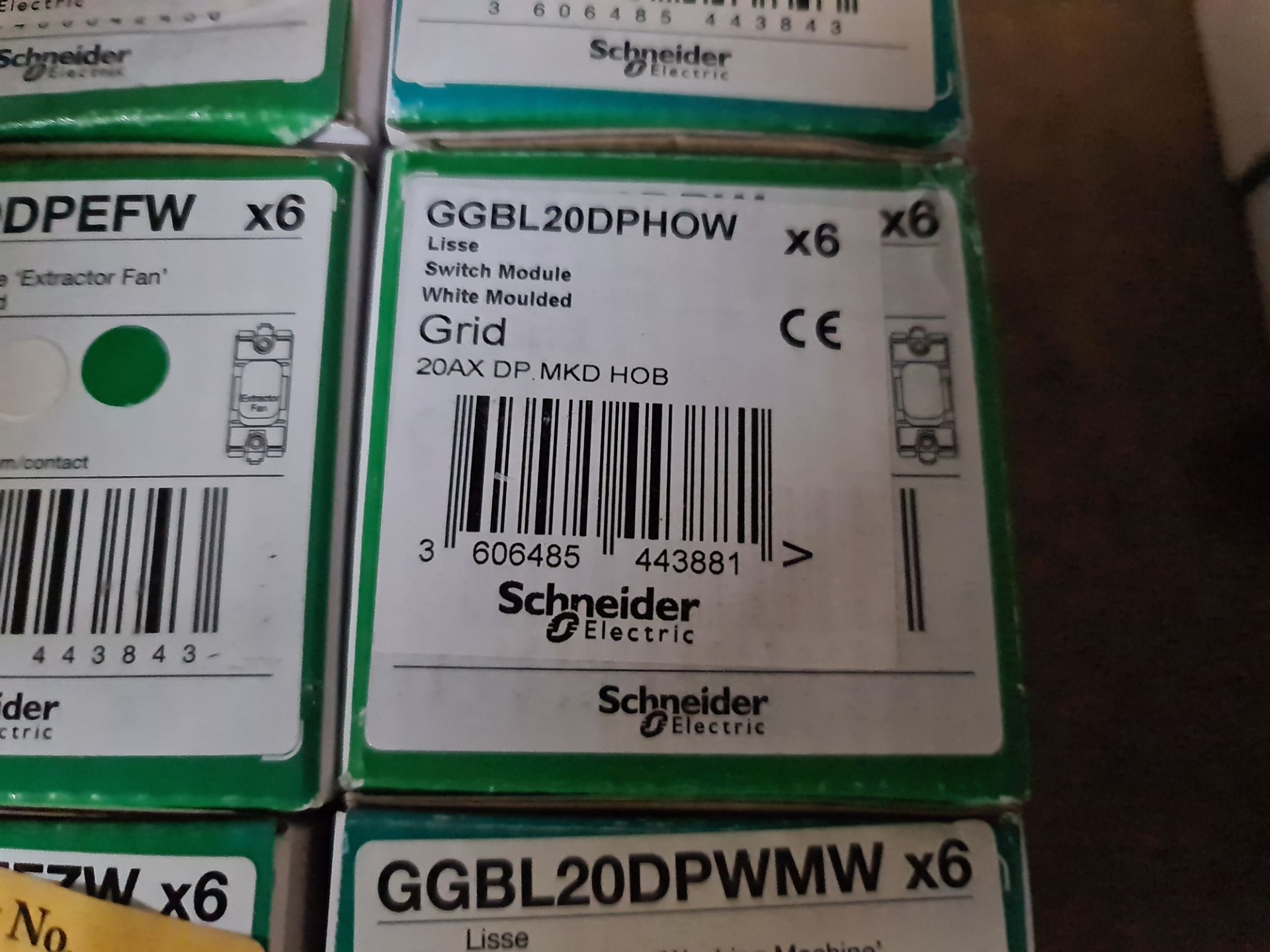 18 boxes of assorted Schnider Lisse switch modules, each box containing six units