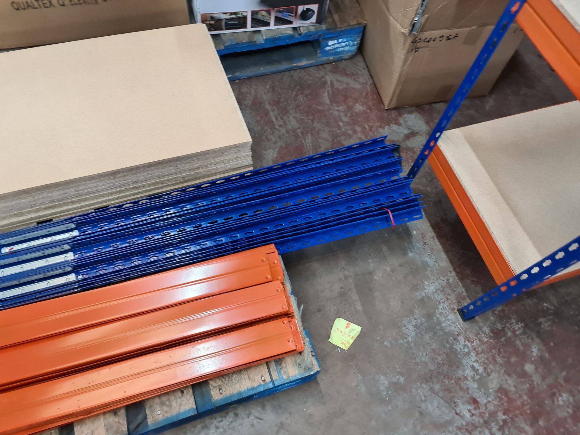 5 individual free standing bays of blue and orange racking, each with four shelves. One of the bays - Image 5 of 6